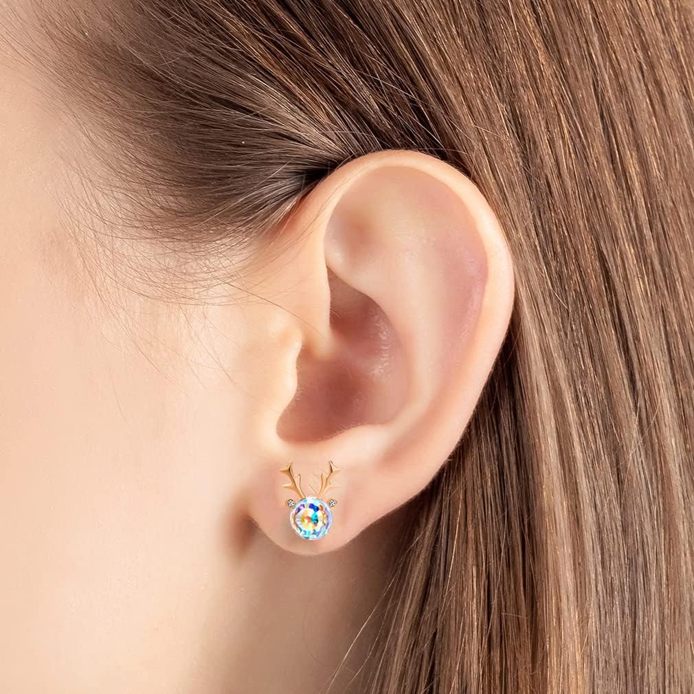 Christmas Earrings for Women Reindeer Earrings Austrian Crystal Stud Earrings Hypoallergenic Christmas Jewelry Holiday Jewelry Gift (Aurora Borealis)