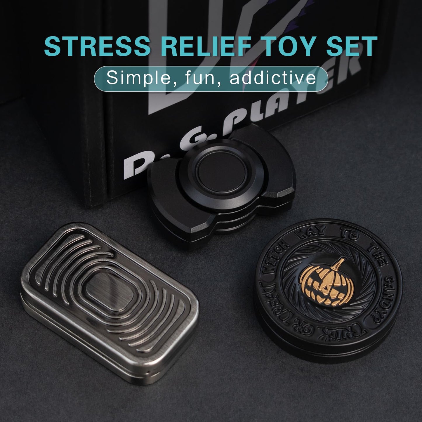 Fidget Toys Adults Set, Metal Fidget Slider, Spinner and Haptic Coin, Decompression Metal EDC Cool Figette Toys for Adults Anxiety Relieve Stress, Greater Focus, 3 Pack Black