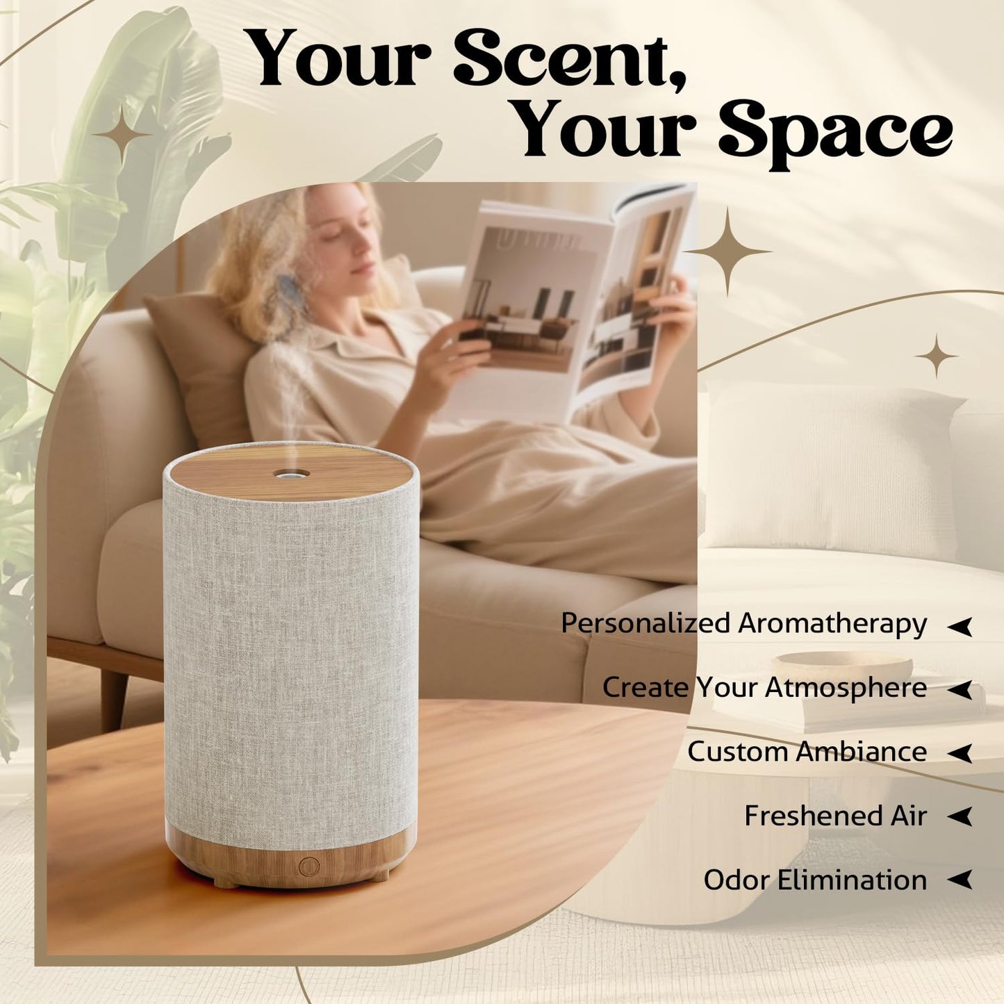 Essential Oil Diffuser with Fabric Cover, SNOWSEN 120ml Aromatherapy Diffuser with 8 LED Color Changing Lights & Night Lamp, Auto Off Function, Cool Mist Humidifier for Essential Oils for Home