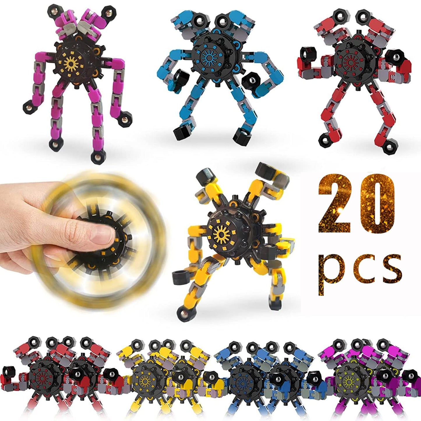 20pcs Random Fidget Spinners,DIY Deformable Robot Fingertip Toys,Decompression Spinner,Deformable Creative Mechanical Gyro Toys,Stress Relief Mechanical Chain Toy for Kids Adults，Party Supplies