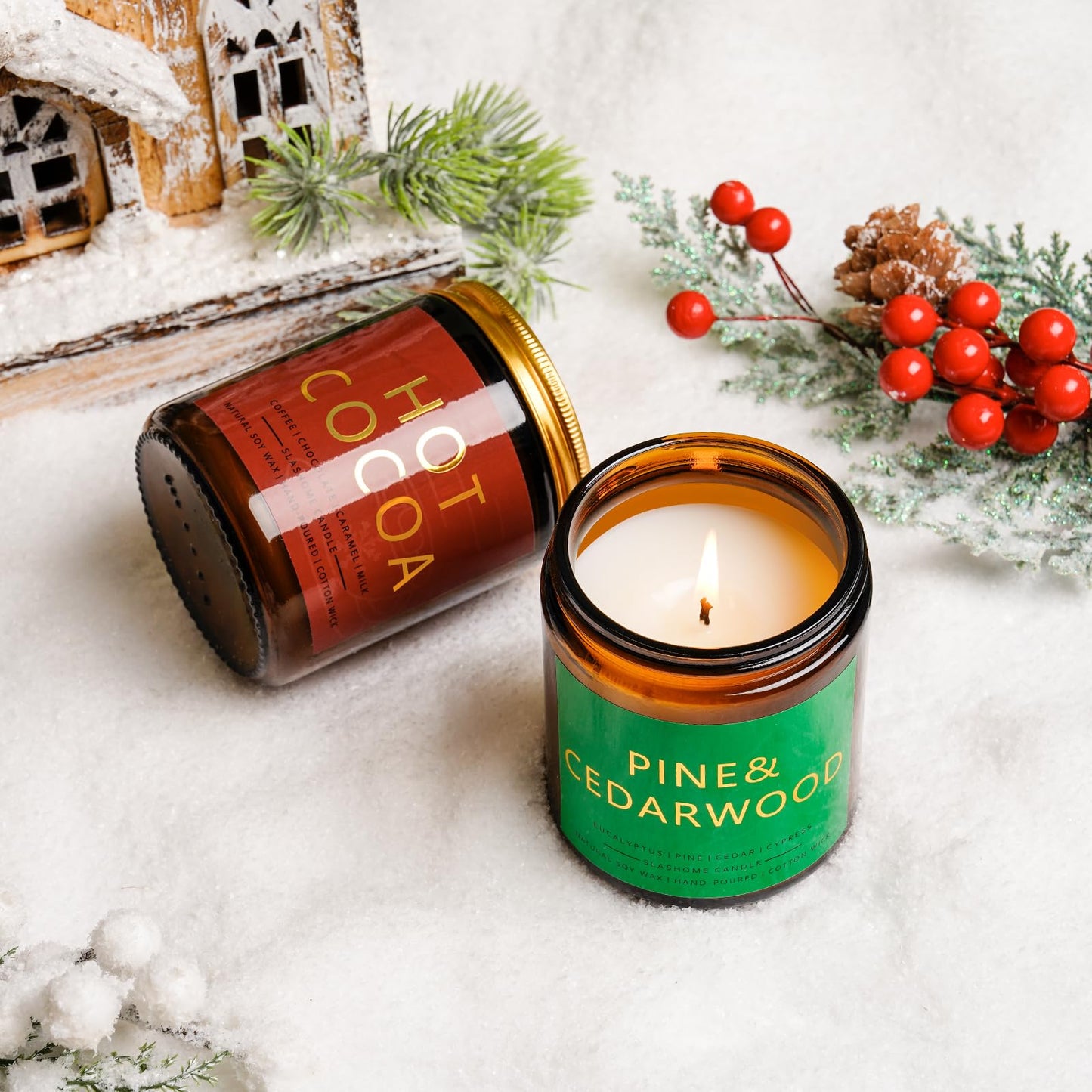 Winter Candle Set | 4 Pack Scented Candles for Home | Holiday Gifts for Women Men | Soy Candles for Home Scented | Christmas Scents of Hello Winter/Pine&Cedarwood/Hot Cocoa/Vanilla Cupcake