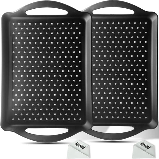 ECOIOU Non Slip Food Serving Tray with Handles, 2-Pack Rectangle Anti-Slip Non-Toxic Dishwasher Safe Tray for Snack Fruit Dessert Breakfast Drink (Black)
