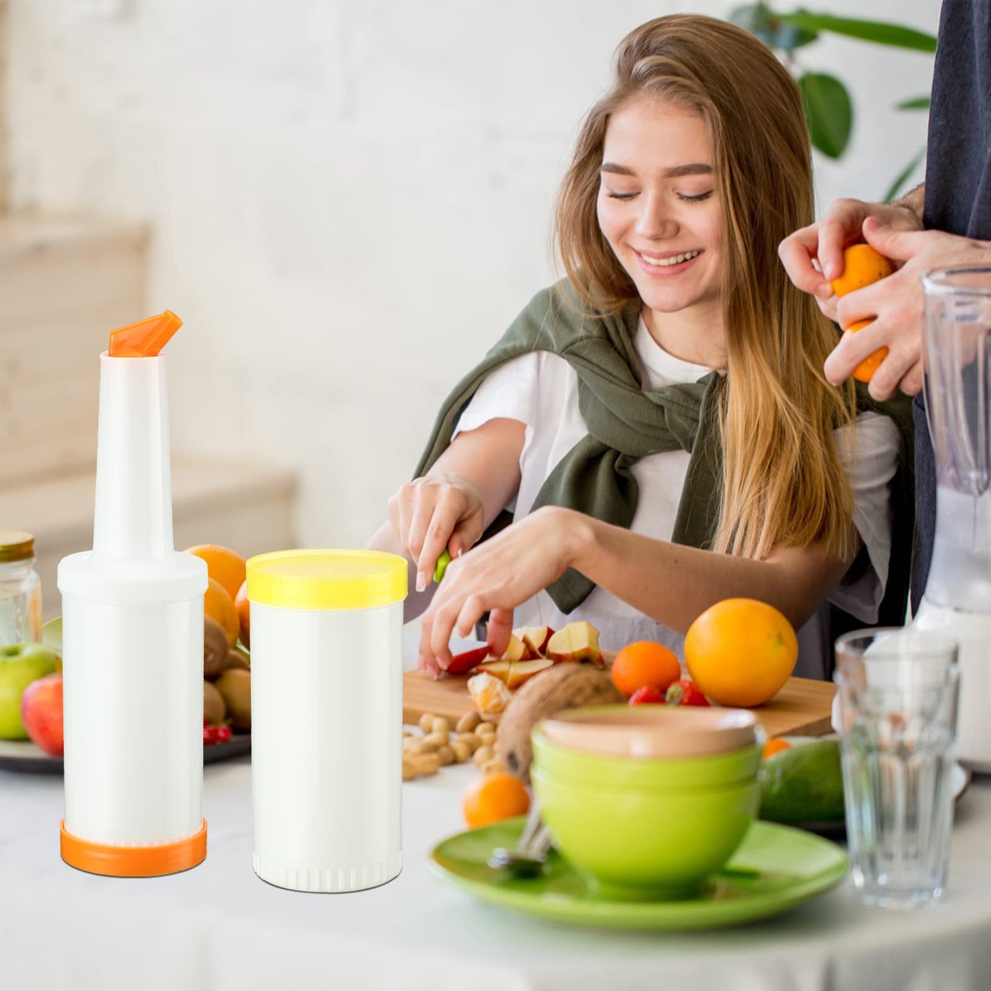 CHENGU 6 Pcs Bar Pour Colorful Juice Pouring Bottle Containers 34 oz Plastic Juice Dispensers for Bar Home Party Kitchen Supplies (White,Orange,Red,Yellow,Blue,Green)