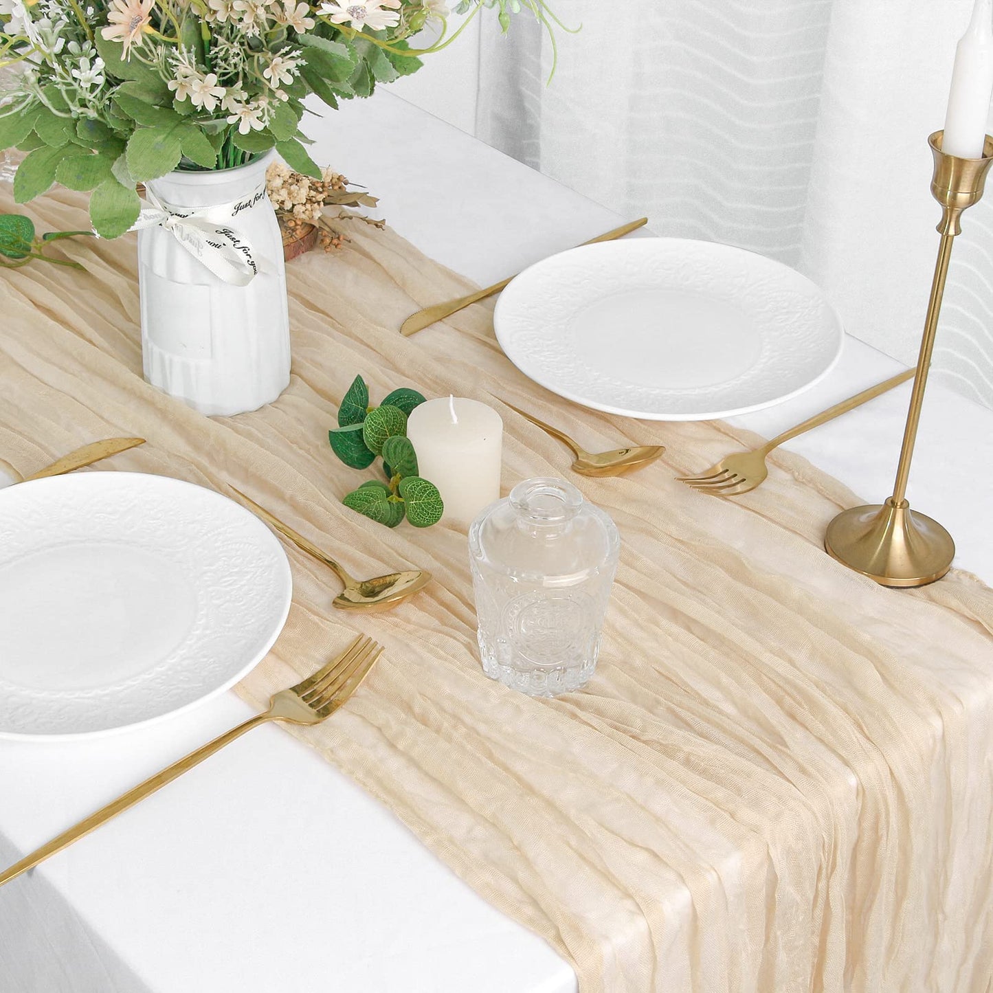 FEXIA 6 Pack Beige Gauz Table Runner 35x120 Inches for Centerpiece Table Decorations Ivory Cheesecloth Rustic Boho Table Runner for Bridal Shower Wedding Party First Communion Centerpiece Engagement