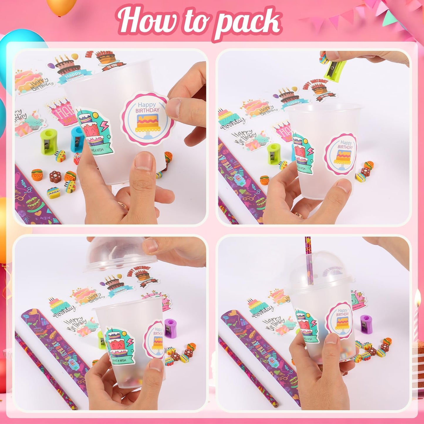 Kolewo4ever 460 Pieces Happy Birthday Party Favors Return Gifts for Birthday Party with Pencil Sharpener Eraser Sticker Slap Bracelet Cup with Lid