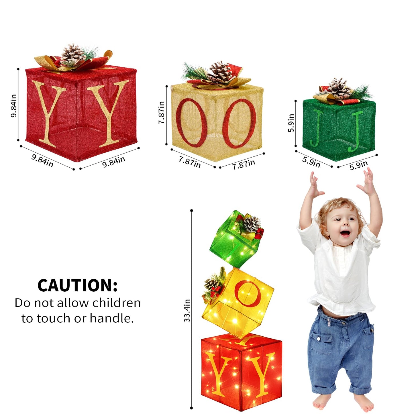COVFEVER Christmas Joy Lighted Gift Boxes Decorations Set of 3, 2.8Ft Stackable Christmas Nesting Boxes Battery Operated for Home and Party Decoration
