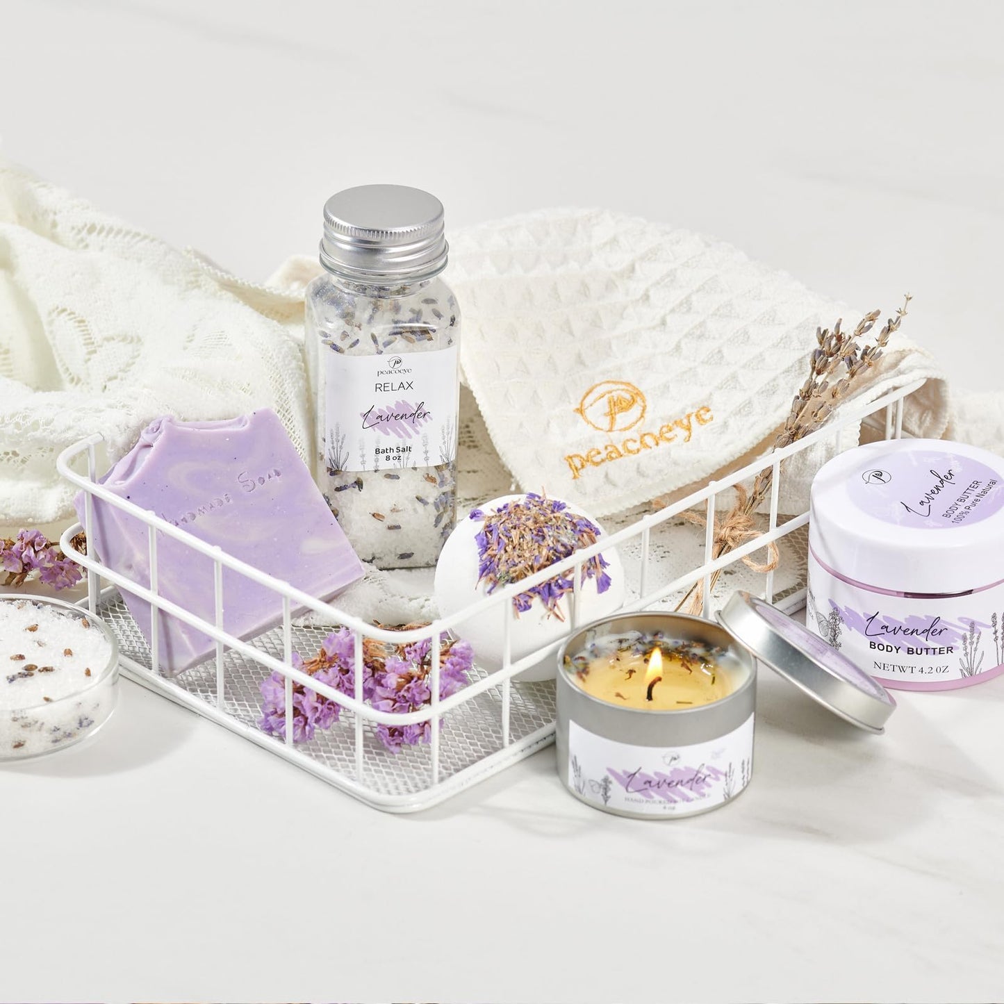 Peacoeye Gifts for Women Spa Gifts Lavender Bath Gift Baskets Relaxing Self Care Gift for Mom Her Sister Wife Auntie Home Bath Kit Care Package Birthday Friendship Gift Ideas