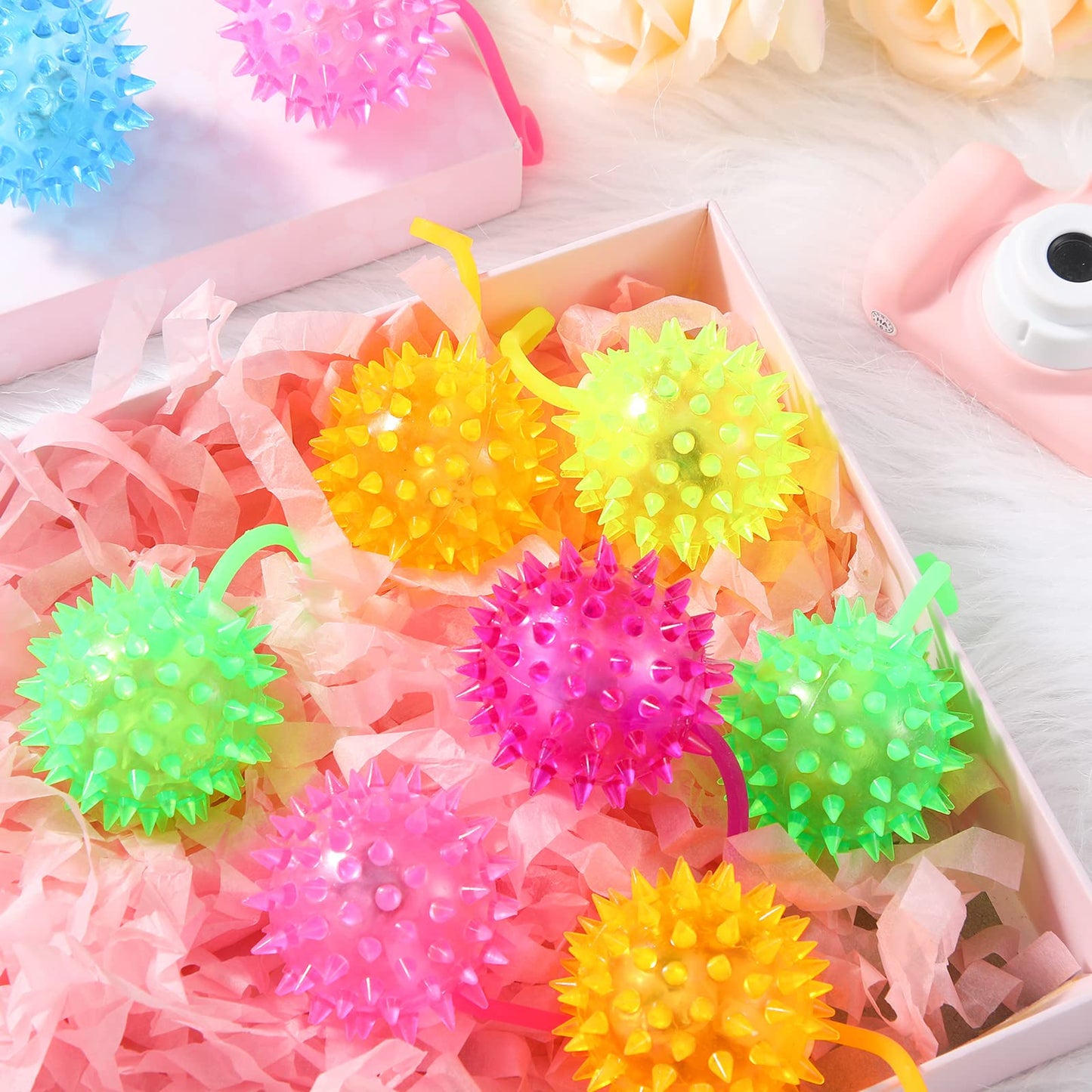 Sotiff 100 Pcs Light up Ball Spiky LED Bouncy Ball Flashing Squeaky Multicolor Puffer Toy Rubber Sensory Toy Carnival Prizes Bulk Party Favors for Teens, Adults, Children