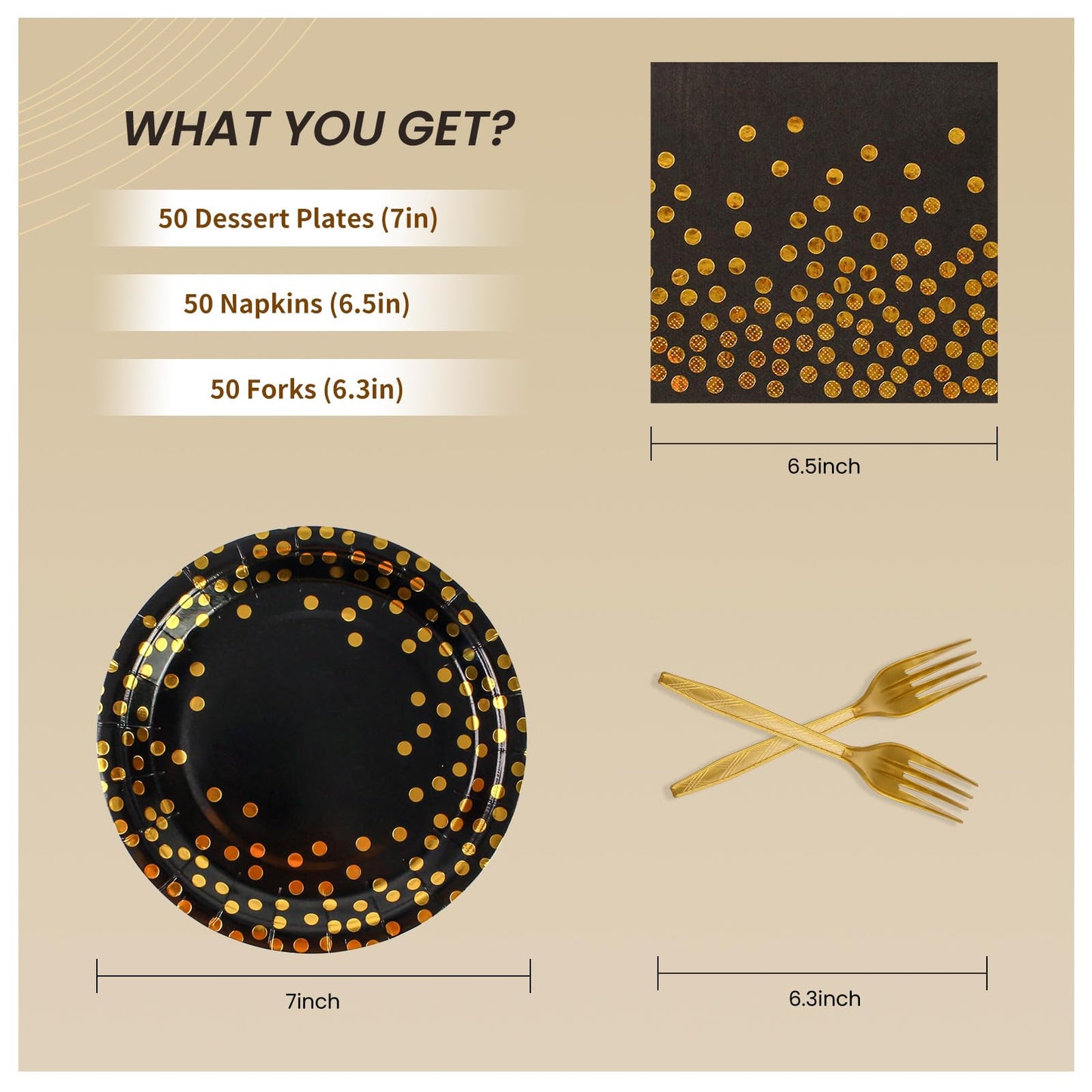 150PCS Paper Plates and Napkins Set - Black and Gold Dot Disposable Party Dinnerware Includes Paper Plates, Napkins, Forks Decorations for Birthdays, Graduations, Weddings and Holidays, Serves 50