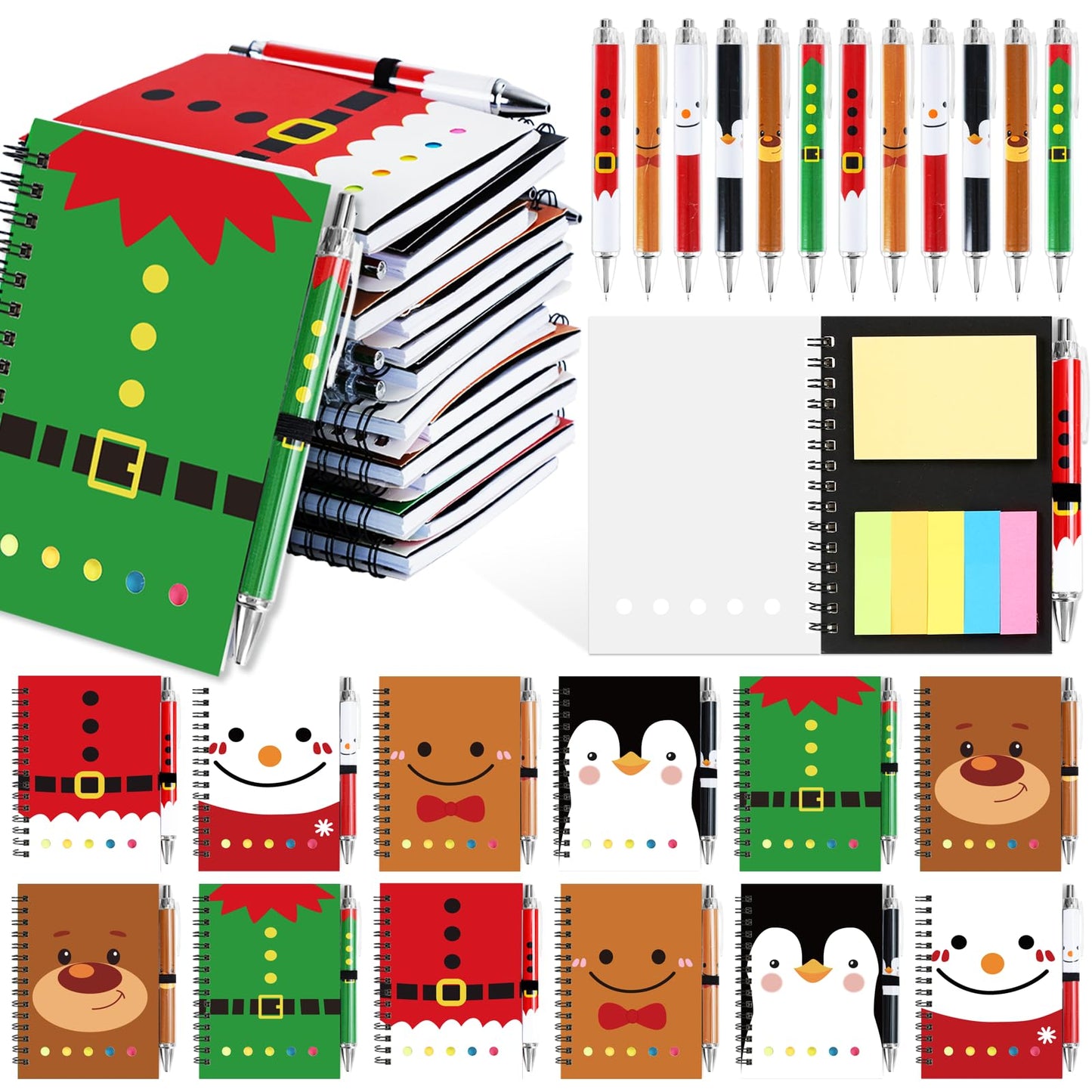 48 Pcs/24 Set Christmas Spiral Notepads Bulk Christmas Party Favors Gift Festive Christmas Theme Notebook with Sticky Note Notepad Ballpoint Pen for Kids School Party Holiday Stocking Stuffers (Classic)