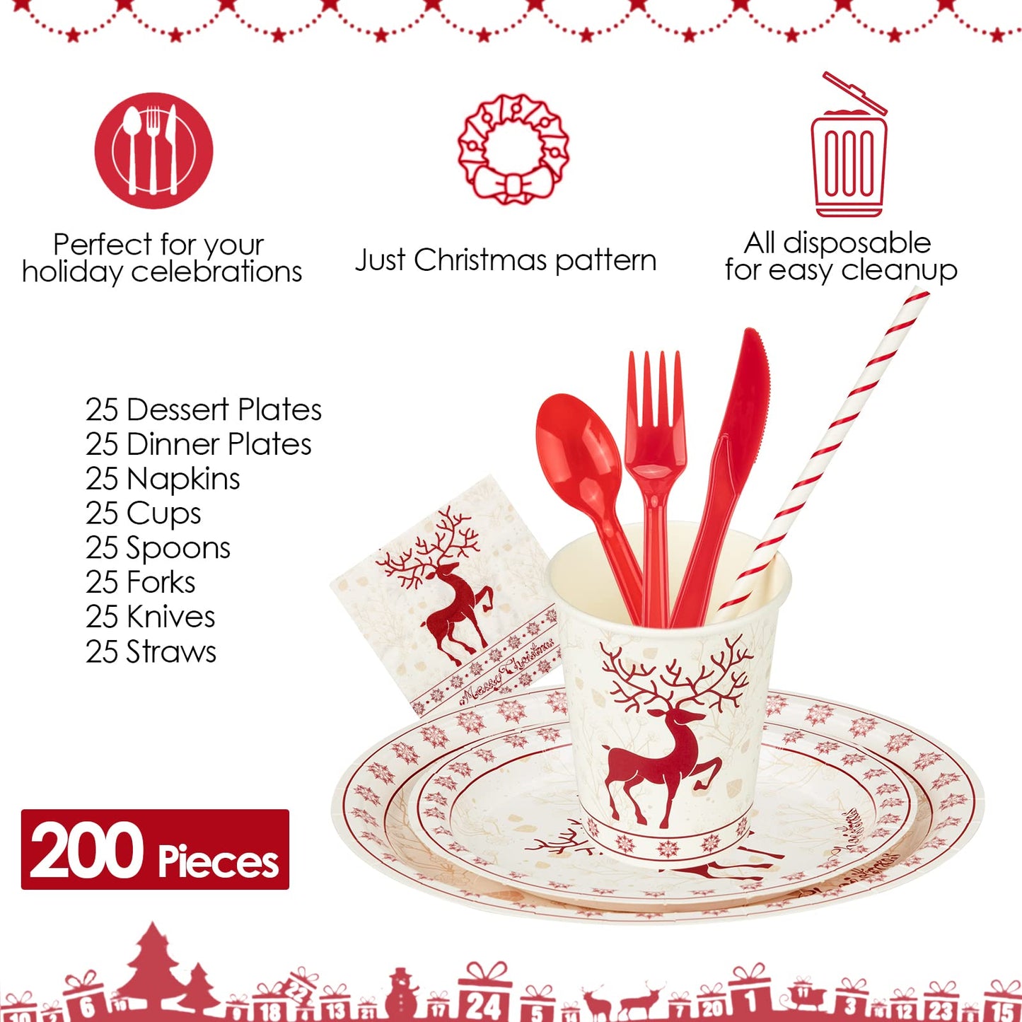 215 Pcs Christmas Plates and Napkins Set Serve 25, Christmas Elk Disposable Tableware Set, Christmas Decorations Includes Plates, Cups, Napkins, Christmas Tableware