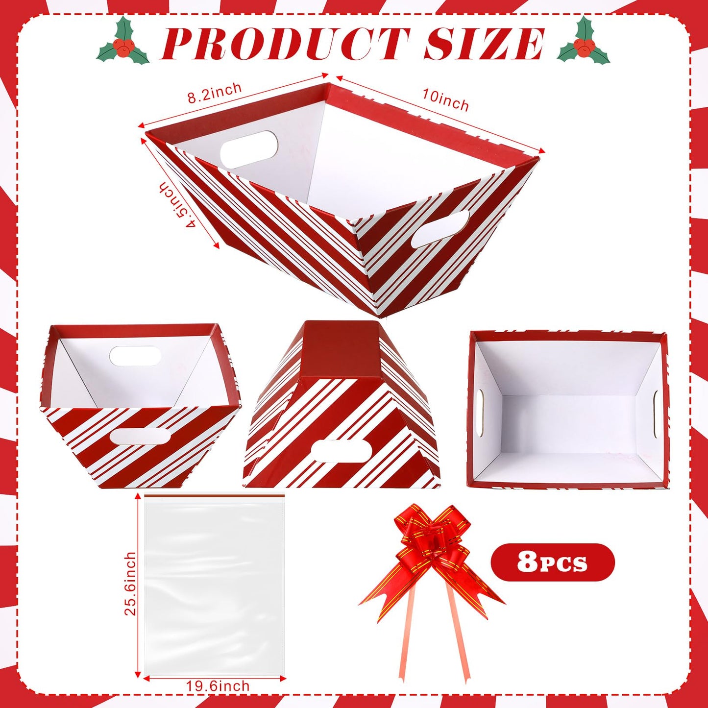 Kolldenn 24 Pcs Christmas Candy Cane Striped Gift Baskets 8" x 10" for Empty Gift Kit with Handles 8 Red White Stripes Basket 8 Bags and 8 Bows to Fill for DIY Xmas Wrapping