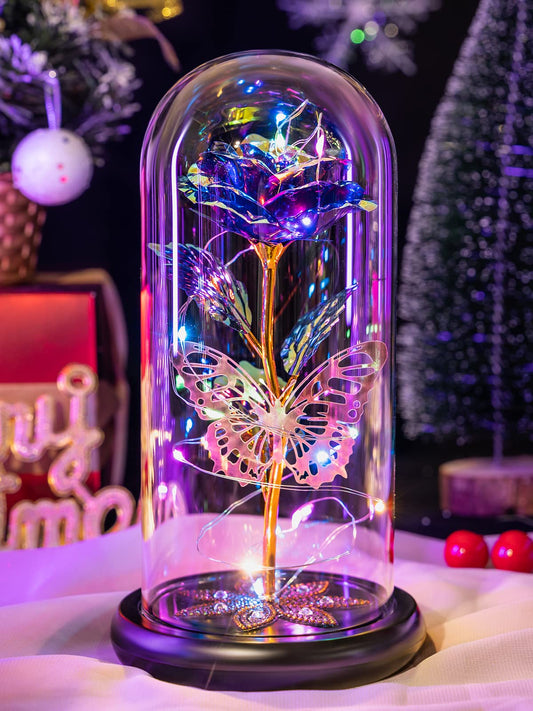 Gifts for Women Mom Birthday Gift, Galaxy Glass Rose Flower Gifts Forever Eternal Crystal Light Up Rose in Glass Dome with Butterfly Mothers Day for Her Mom Wife Daughter Sister Purple