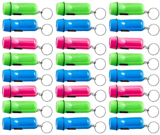 Kicko Mini Flashlight Keychain, 2 Inch - 24 Pack Assorted Colors, Green, Light Blue and Pink - Batteries Included - for Kids, Party Favors, Goody Bag Fillers, Prizes, Pocket Size, Chain for Key