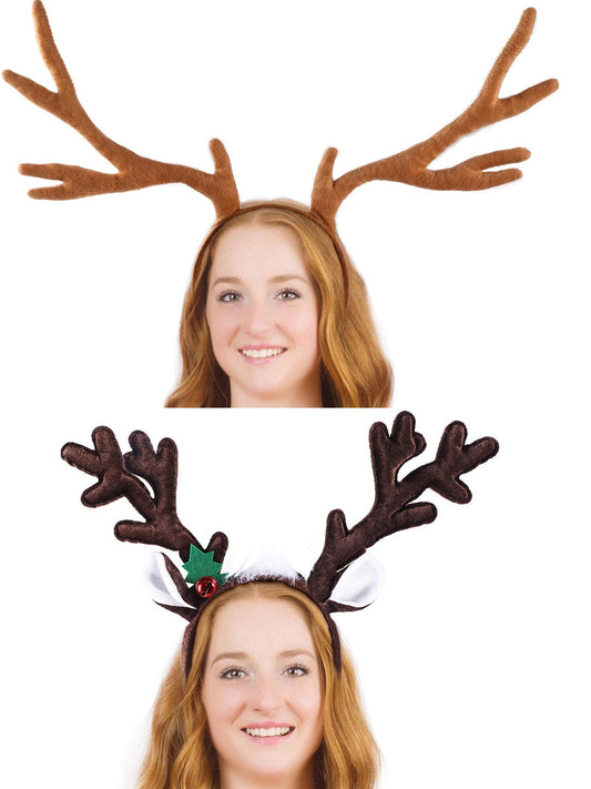 2 Pieces Christmas Reindeer Headband Antlers Hairband Headwear Accessories for Christmas Party Decoration, 2 Styles (Dark Brown, Light Brown)