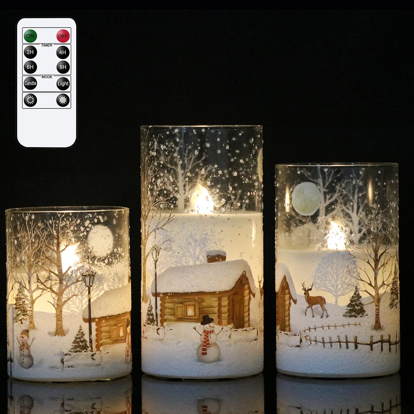 DRomance Snowman Glass Flameless Candles Battery Operated with Remote and Timer Real Wax LED Flickering Pillar Candles White Cold Light Window Christmas Holiday Decor D3 x 4",5",6"