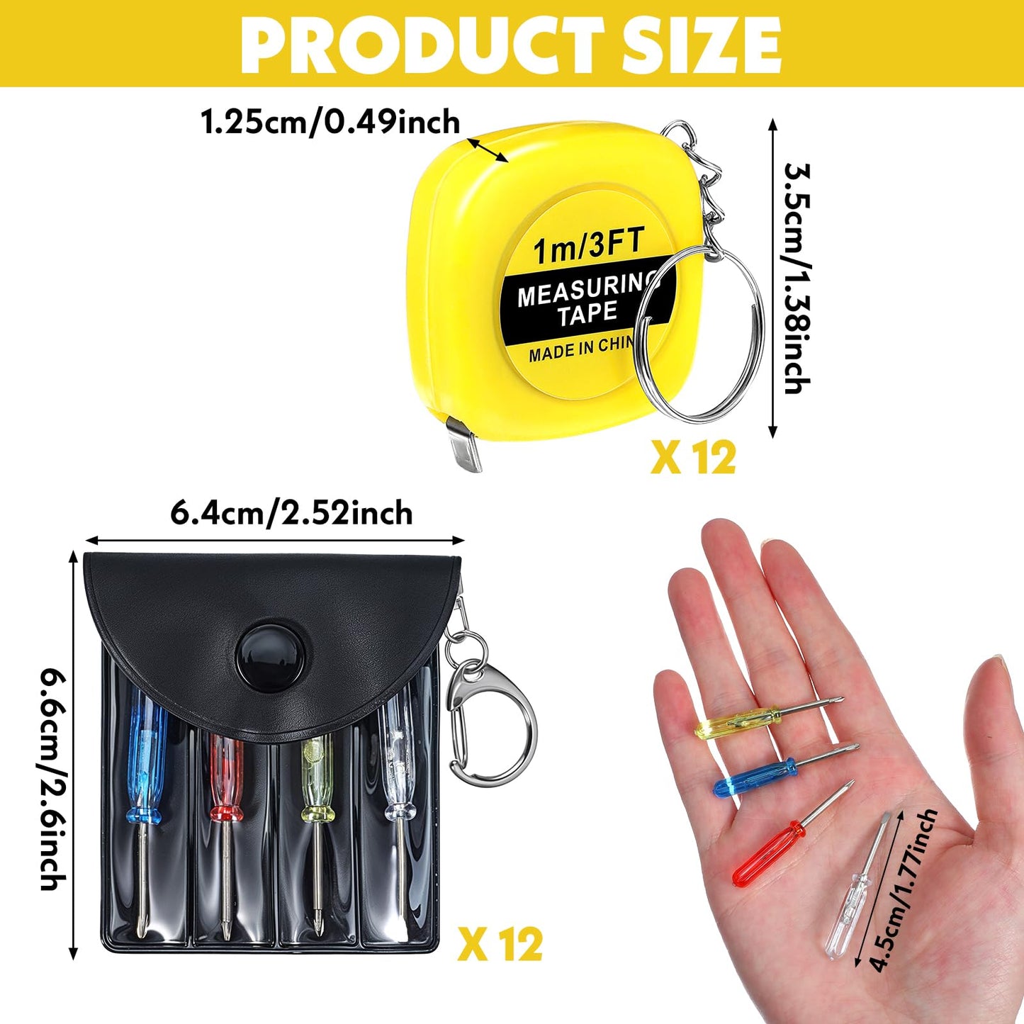 24 Pcs Tape Measure and Screwdriver Keychain Set, 1.5 Inch Functional Mini Tape Measures with Stable Slide Lock Construction Party Favors Measure for Birthday Party Favors Gift Bag Fillers 1m/ 3ft