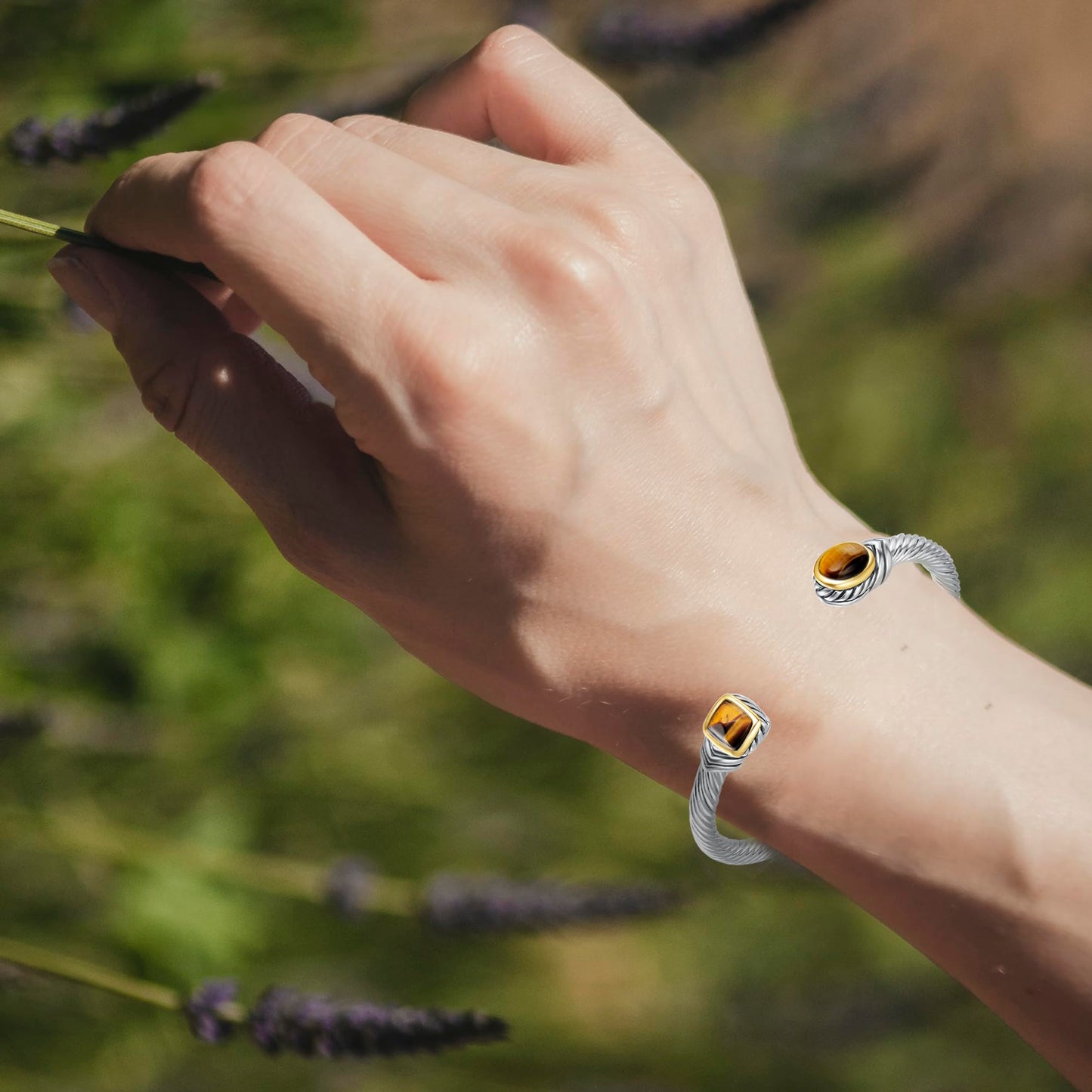 UNY Classic Signature Bracelet Luxury Inspired Women Jewelry 4.5mm Thin Twisted Cable Wire Bangle Christmas Day Gift (Tiger Eye color)