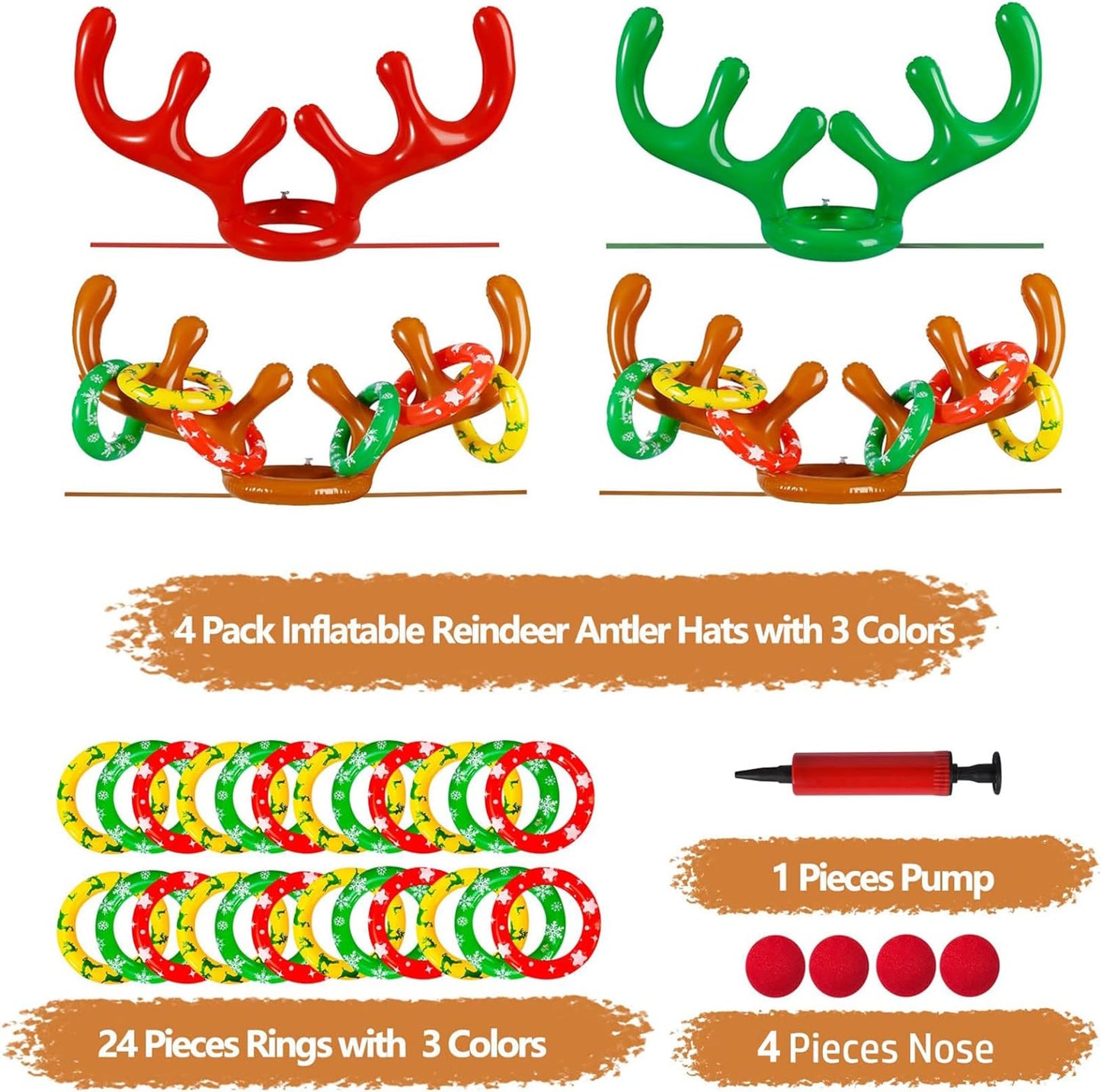 Max Fun 4 Pack Inflatable Reindeer Antler Ring Toss Games Indoor Outdoor Christmas Party Games Party Favors, 4 Anlters & 24Rings