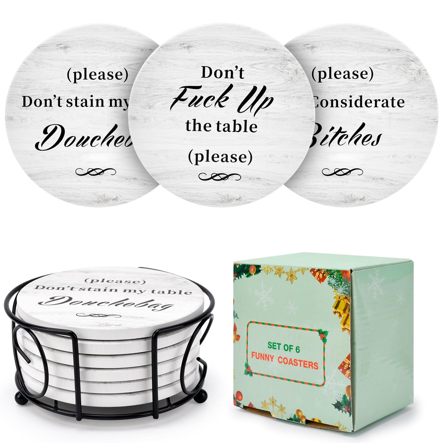 White Elephant Gifts for Adults, Funny Coasters Set of 6 with Holder Christmas Stocking Stuffers for Men Women, Gag Gifts Couples Birthday Housewarming Secret Santa Cool Friend Presents for Her Him