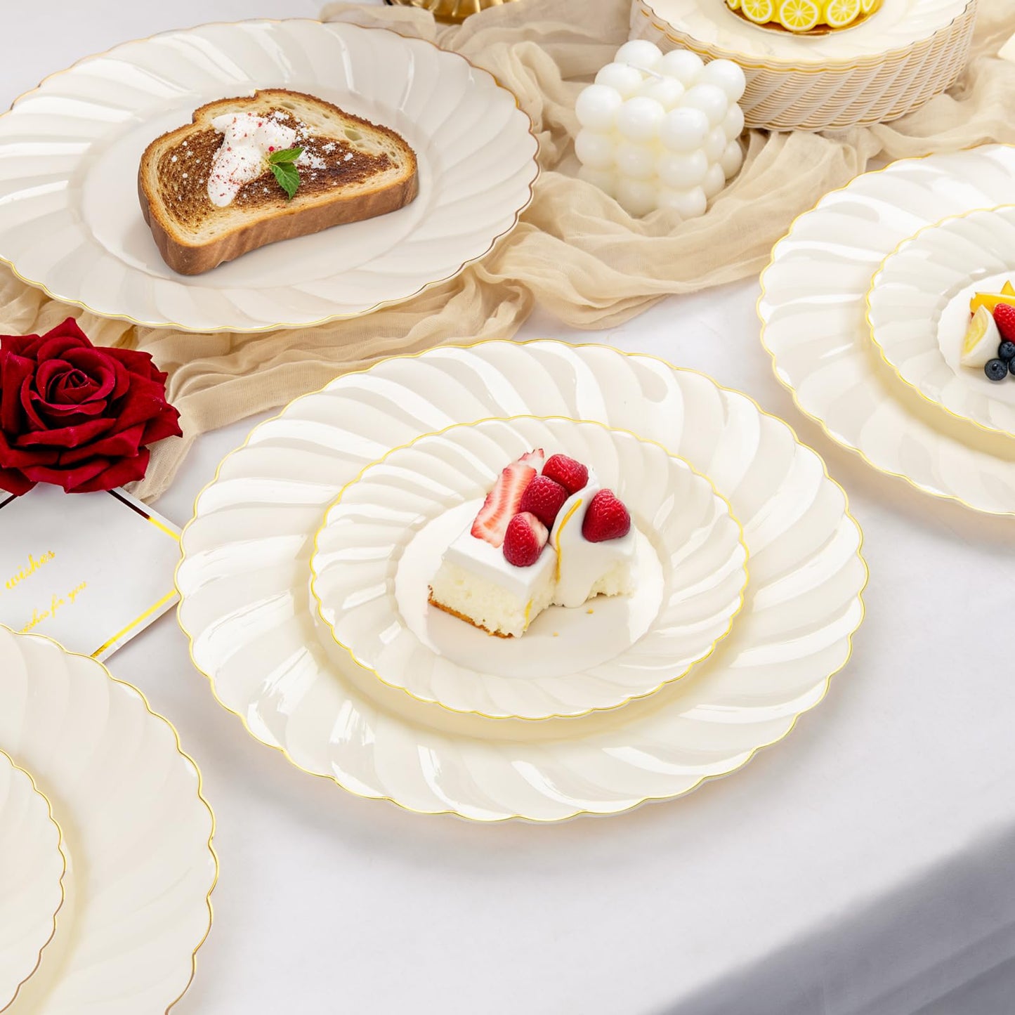YOUBET 125PCS Scalloped Plastic Plates - Ivory Scalloped Disposable Plates - Gold Plastic Dinnerware Set Include 50 Plates, 75 Gold Silverware for Party & Wedding