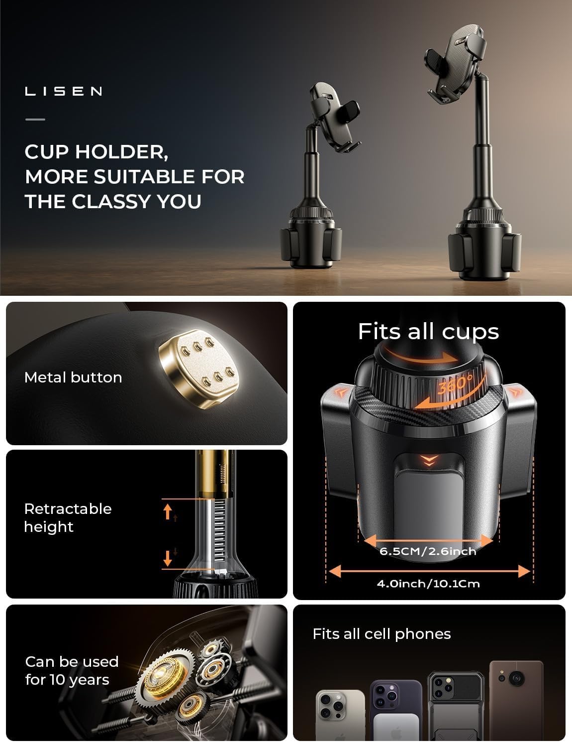 LISEN Cup Phone Holder No Shaking Phone Holder for Car, 360° Adjustable iPhone Holder for Car Accessories for Women Truck Jeep Golf for iPhone 16e 16 15 14 13 Pro Max Samsung S25 All 4-17'' Phone