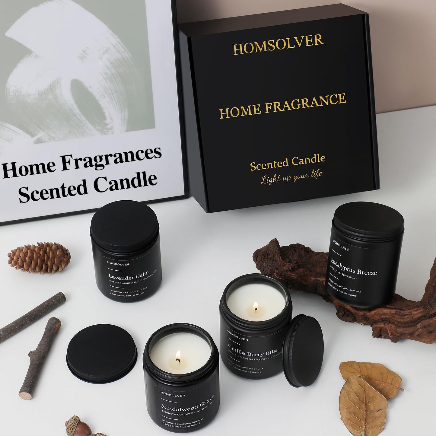 Homsolver Set of 4 Scented Candles for Home Decor, Candle Gifts for Dad Men Him, 200Hours Burn Tine, Vanilla, Lavender, Sandalwood, Eucalyptus Scented with Black Jar