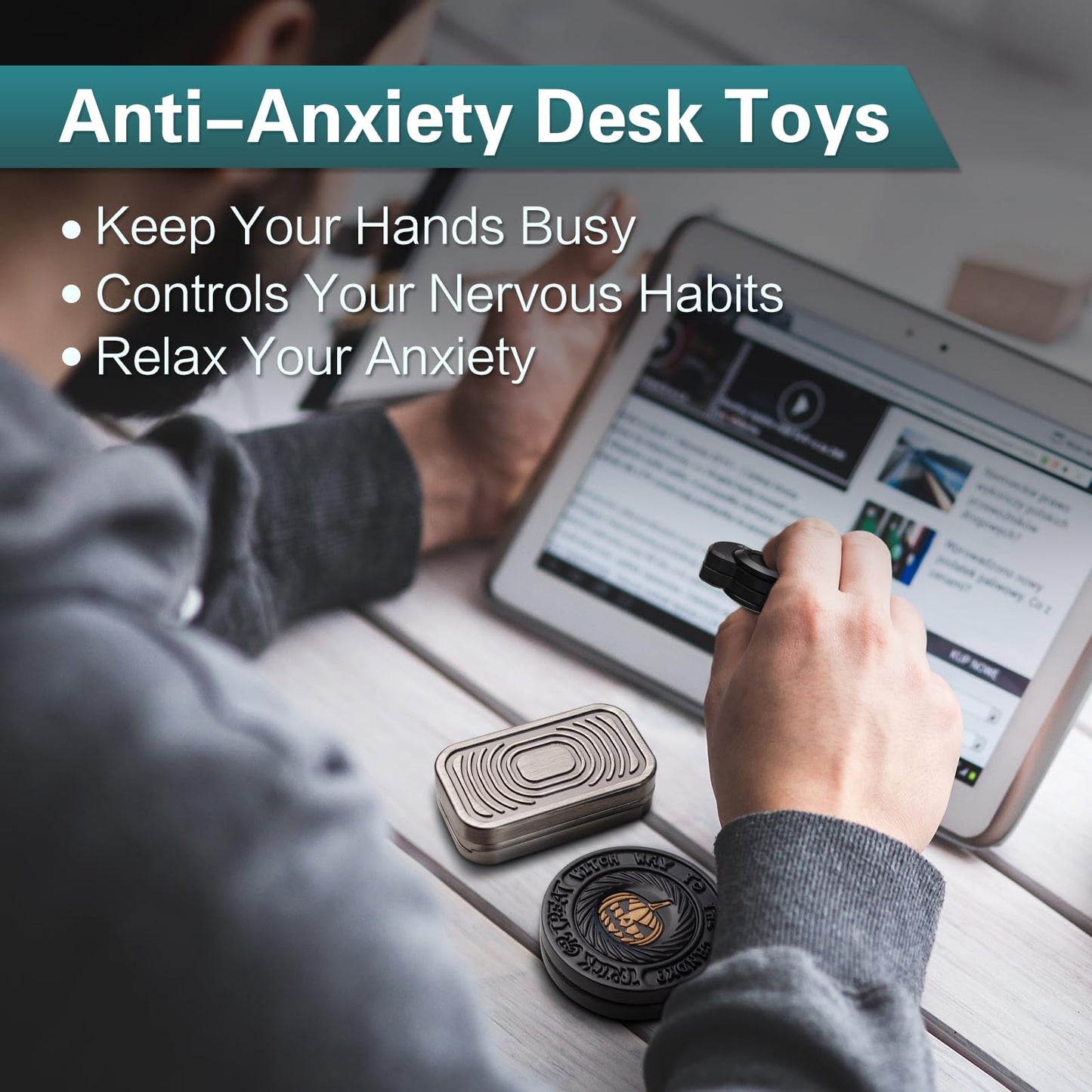 Fidget Toys Adults Set, Metal Fidget Slider, Spinner and Haptic Coin, Decompression Metal EDC Cool Figette Toys for Adults Anxiety Relieve Stress, Greater Focus, 3 Pack Black