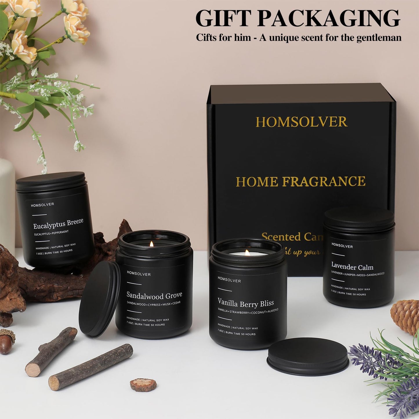 Homsolver Set of 4 Scented Candles for Home Decor, Candle Gifts for Dad Men Him, 200Hours Burn Tine, Vanilla, Lavender, Sandalwood, Eucalyptus Scented with Black Jar