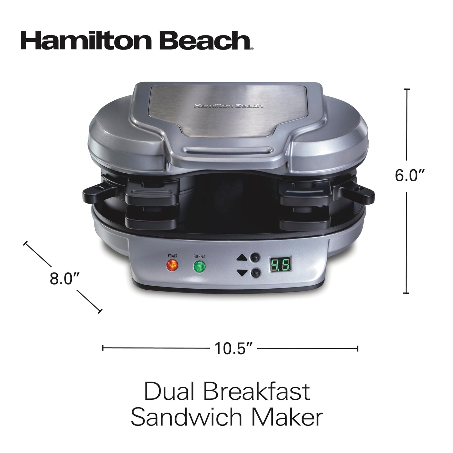 Hamilton Beach Dual Breakfast Sandwich Maker with Timer, Ready in 5 Minutes, Removable Dishwasher Safe PFAS-Free Non-Stick Egg Cooker Ring, Silver (25490MNA)