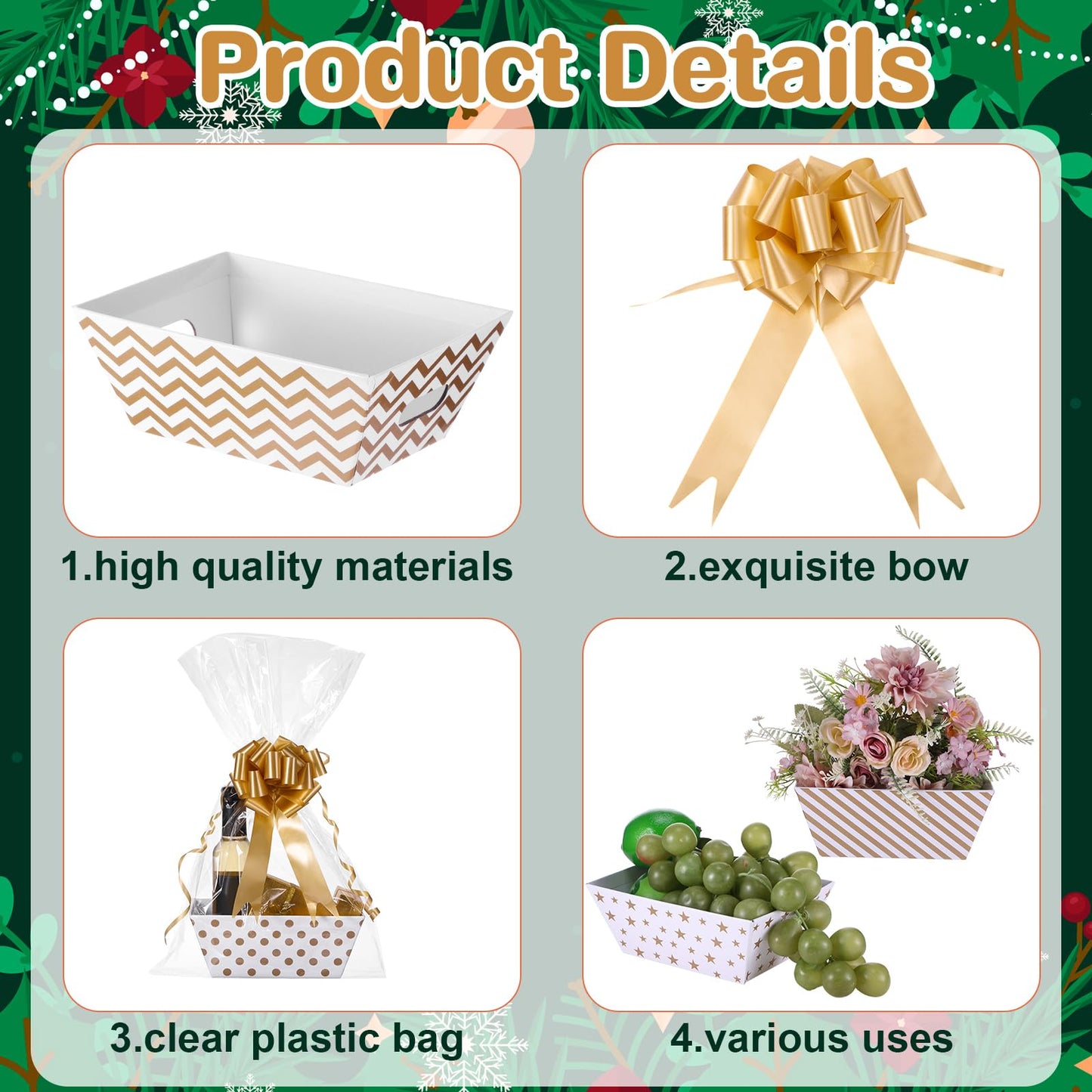 Canlierr 50 Pcs Basket for Gifts Empty Include 12 Pcs 8" x 6" x 3" Basket Empty to Fill with Handles 18 Pull Bows and 20 Clear Plastic Bags for Wedding Birthday Party Gift Wrapping(Golden)