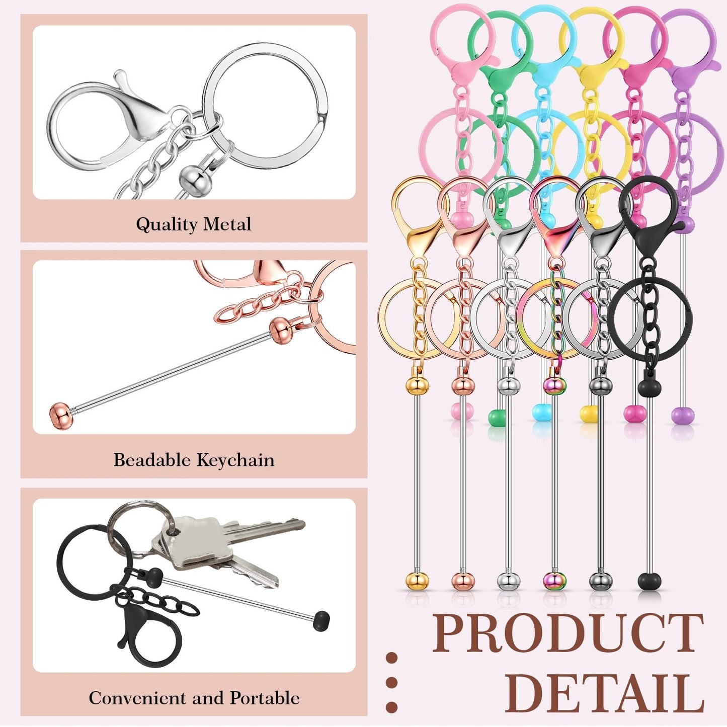 Tondiamo 24 Pcs Beadable Keychain Bars Bulk Beads for Keychain Making Kit Gifts for Women Men DIY Crafts(Multicolor)