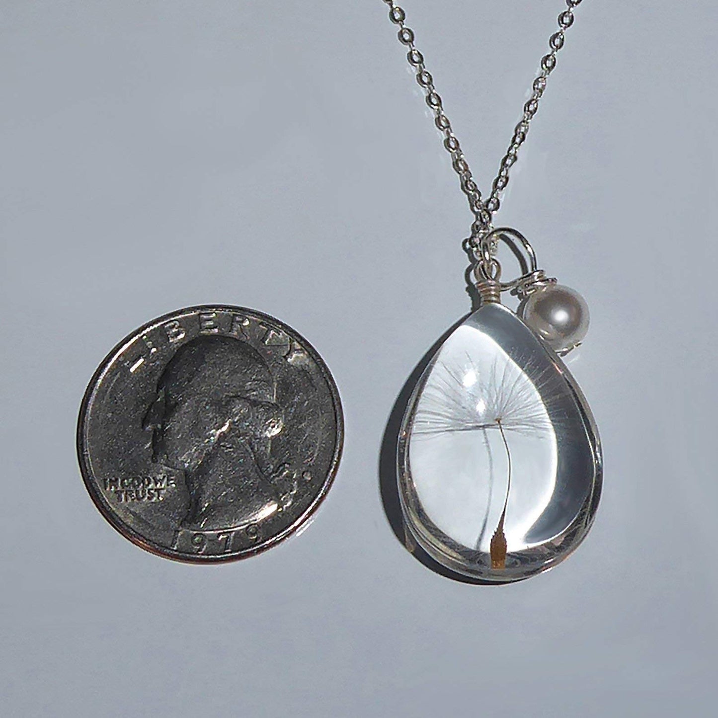 Popular Glass Dandelion Wish Pendant Necklace with Crystal Pearl Charm on 18 Inch Sterling Silver Chain, Beautifully Elegant Gift, by Aimee Tresor Jewelry