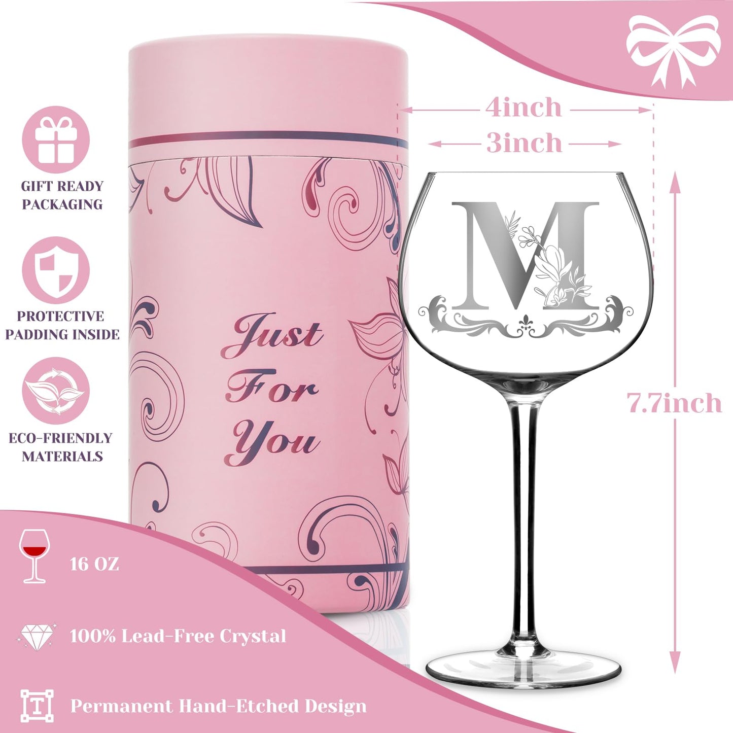 Personalized Monogram Gifts for Women - Customized Initial A-Z Wine Glass, Unique Birthday Christmas Gifts for Her, Mom, Wife, Sister, Daughter, Friend (Letter M)