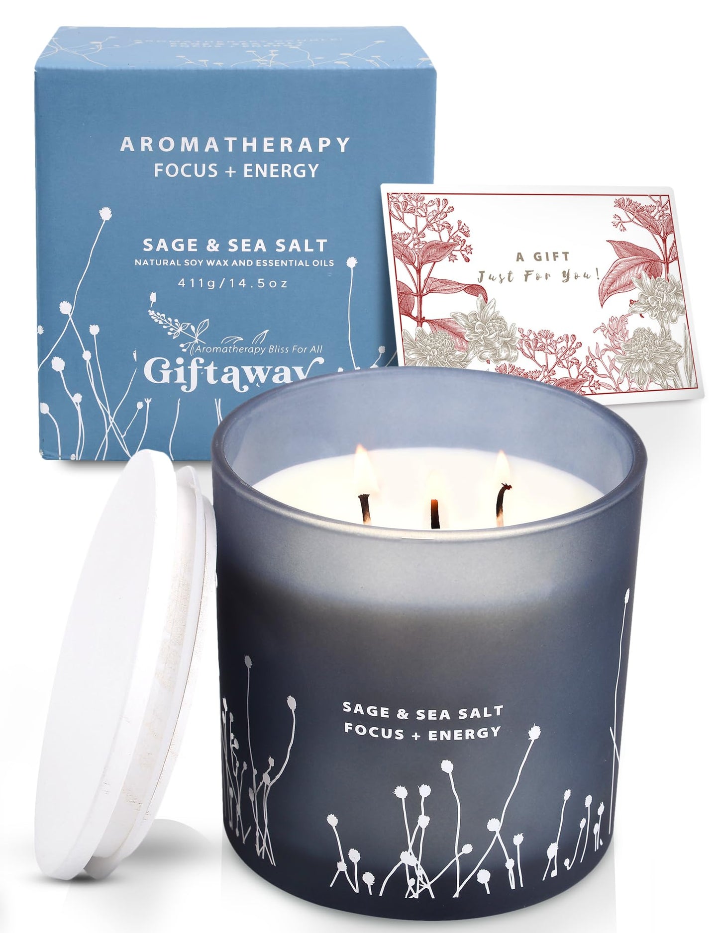 White Sage Sea Salt 3 Wick Candle - Large Soy Scented Candle 14.5 oz - Sage Candle for Cleansing House - Aromatherapy Energy Cleansing Sage Scented Candles for Women & Men