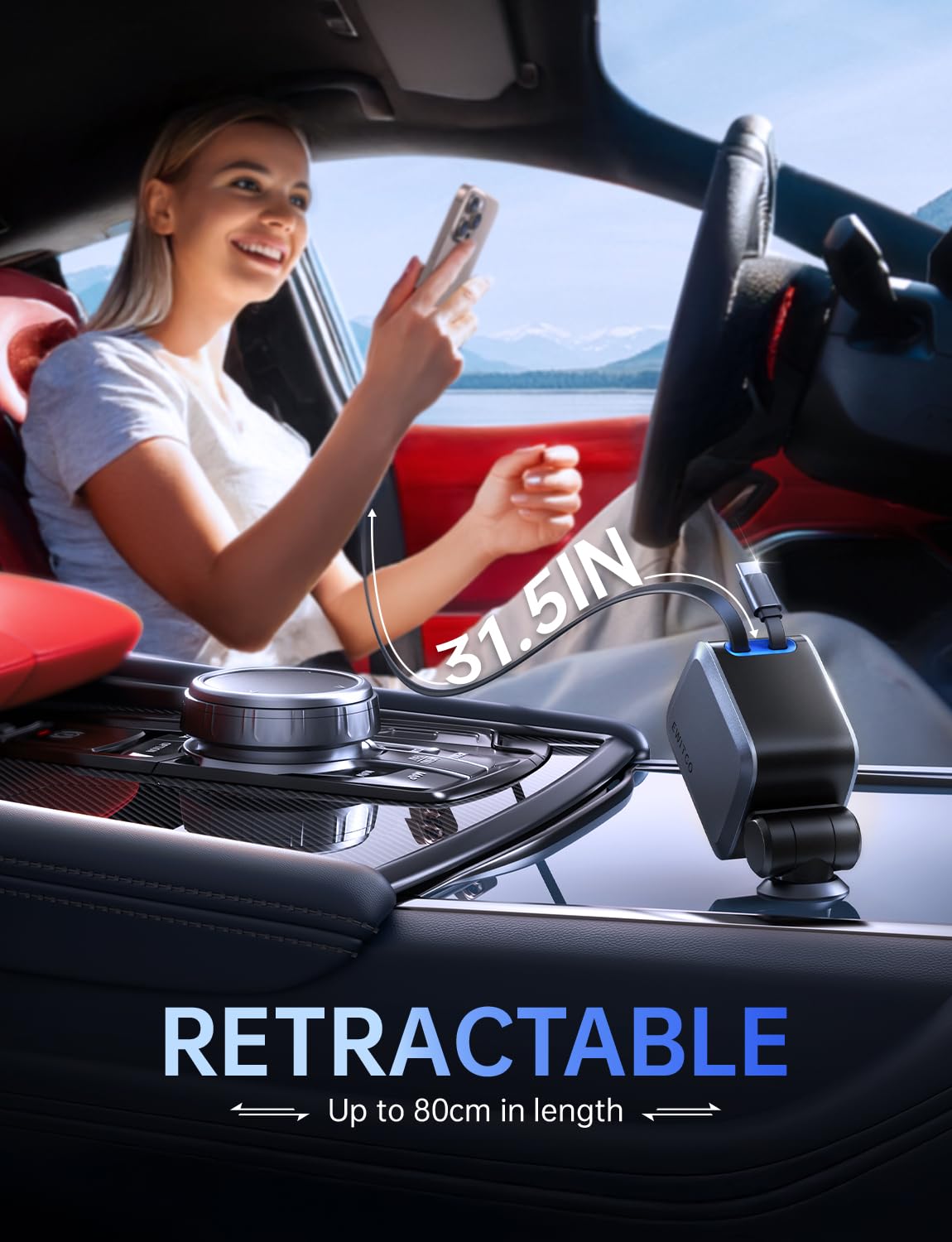 EWITGO Retractable Car Charger, Car Accessories, 72W Fast Charging USB C Car Charger with 4FT Retractable Cables and 2 Ports, for iPhone 16 15 14 13 12, Samsung etc Warm Grey