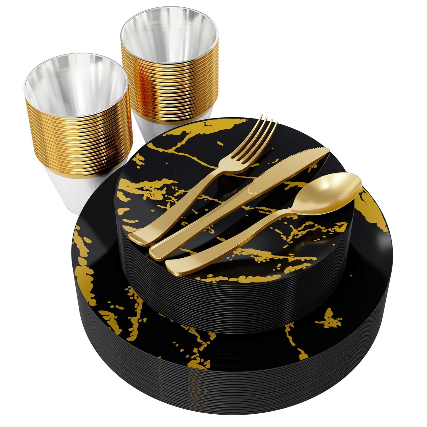 JOLLY PARTY 180PCS Disposable Dinnerware Set 30 Guest, 60 Black and Gold Plastic Plates, 30 Silverware, 30 Plastic Cups, Marble Design Dinnerware for Halloween, Wedding and Parties