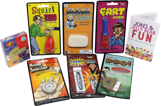 7 Pc Practical Joke Gift Set for Kids w Joke Jelly Beans, Gag Gifts, Prank Jokes & Free Brochure - Great Birthday Party Favor, Stocking Stuffer, Christmas Gift For Boys & more! Comes in gift box!