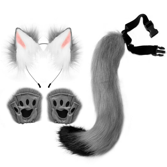 HAOAN Faux Fur Wolf Ears Headband Fox Tail and Paw Gloves Set Cosplay Halloween Costume Accessories