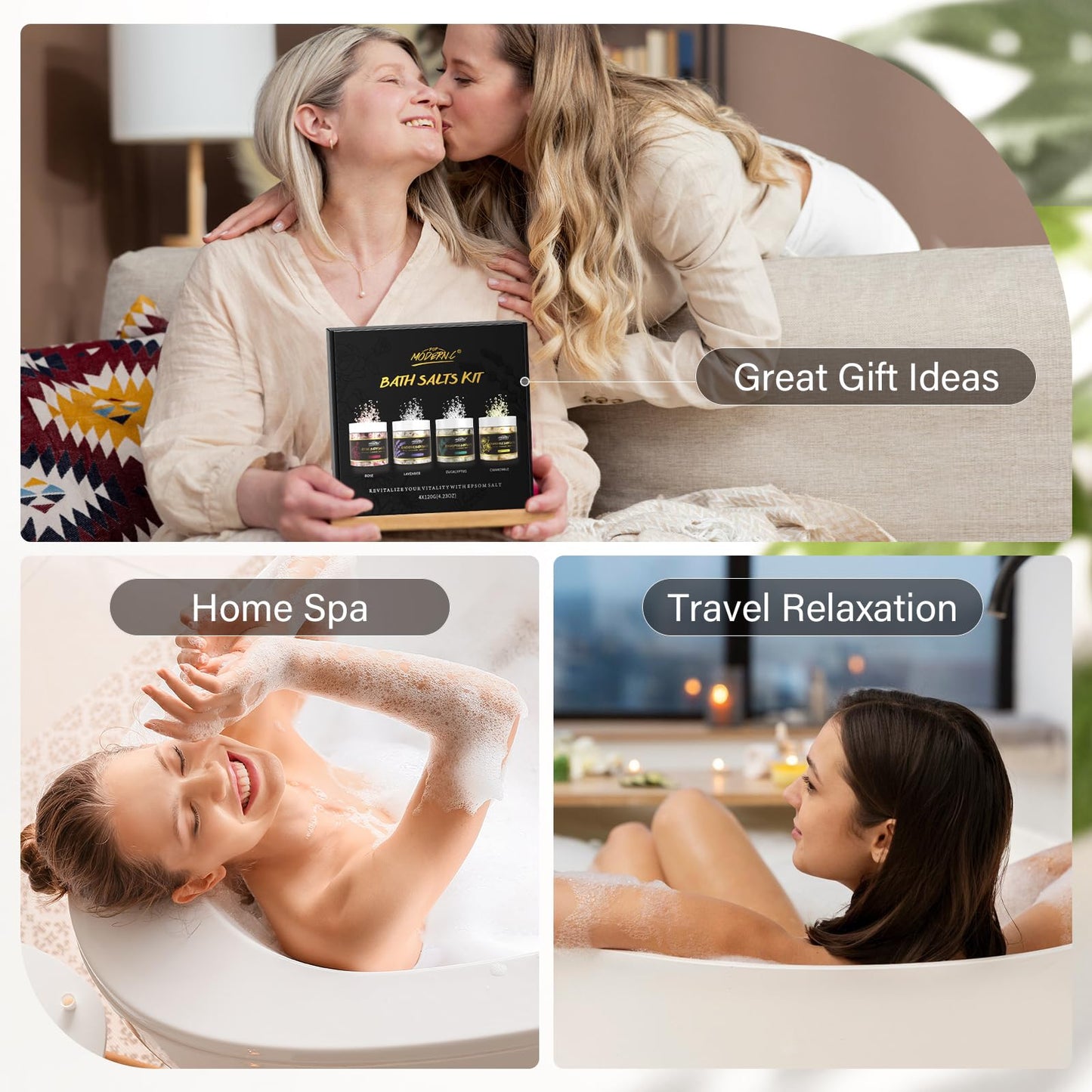 Epsom Bath Salts Gift Set for Soaking 4pcs Bath Salts with Essential Oils for Women Relaxing Lavender Eucalyptus Rose Chamomile Bath Set for Women Luxury Spa Birthday Mother's Day Christmas Gift