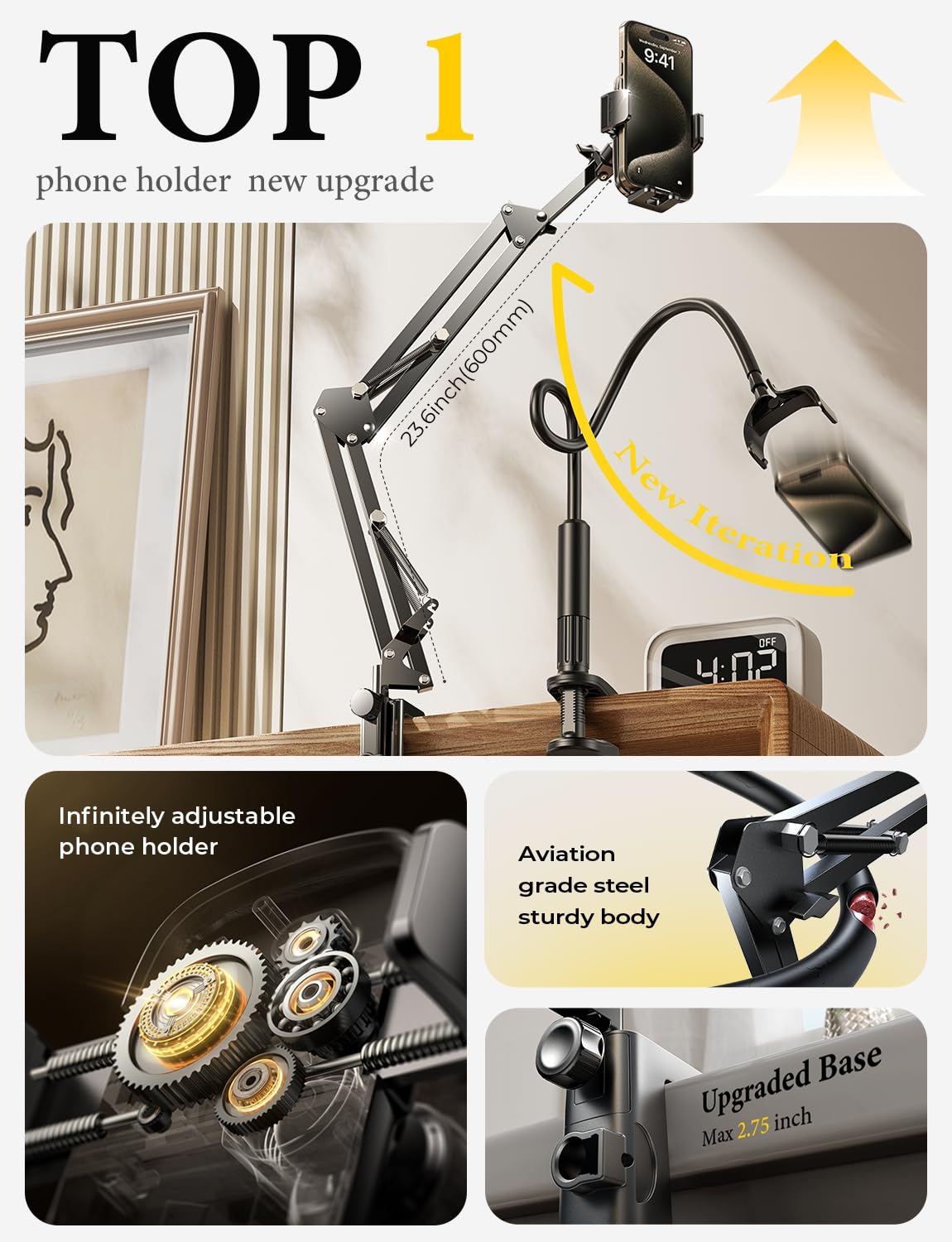 LISEN Gooseneck Phone Holder for Bed Desk [3rd Upgrade] Cell Phone Stand for Desk,Recording for iPhone Mount iPhone Holder for Filming Camera Laying Down,Bed Accessories Flexible Arm Clamp Clip Stand