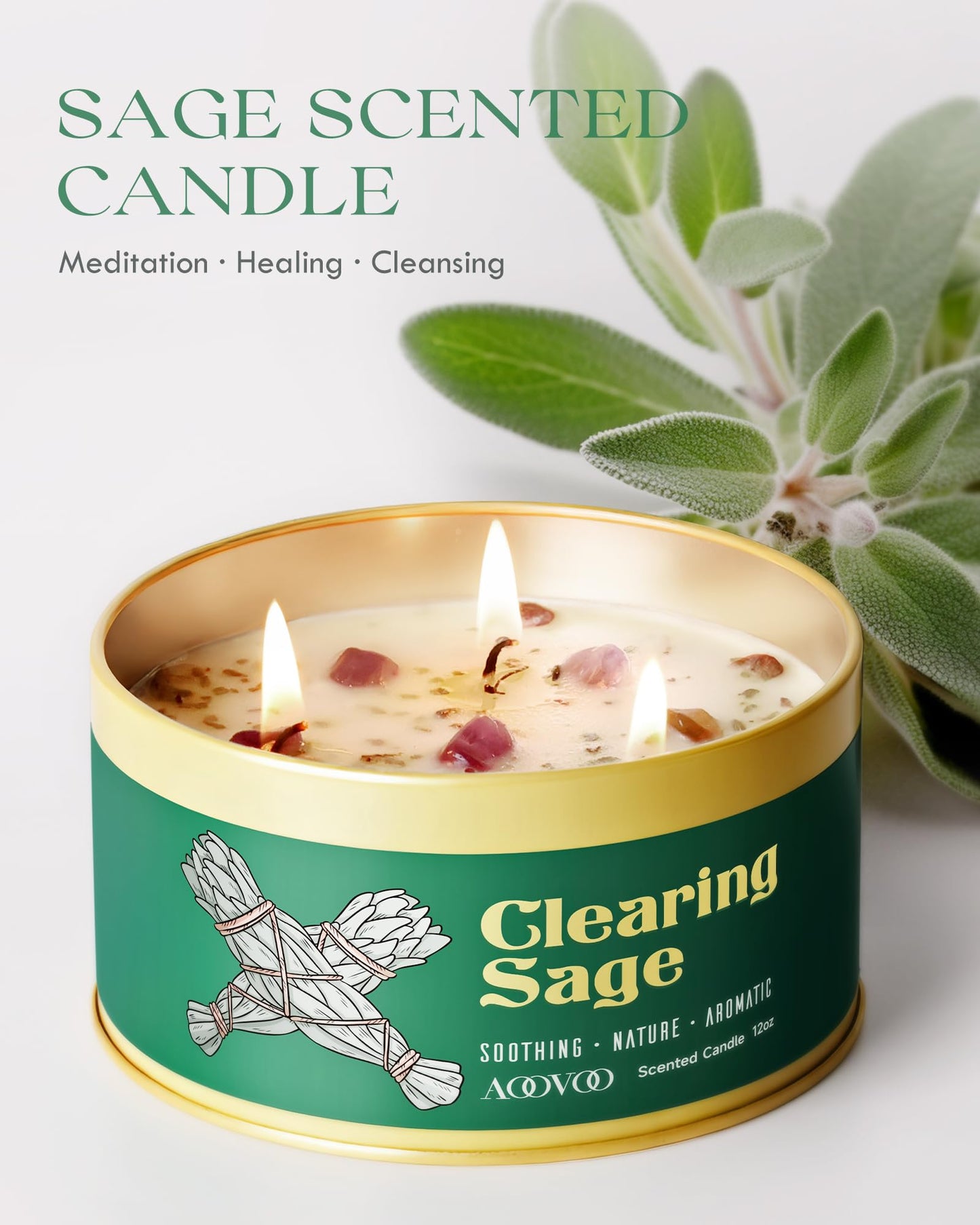 AOOVOO Sage Candle for Cleansing - 3 Wick 12oz Large Scented Candle with Crystals & Sage Leaves Inside, Soy Candles Non Toxic for Meditation Spiritual Gift, Aromatherapy Candle for Women Men