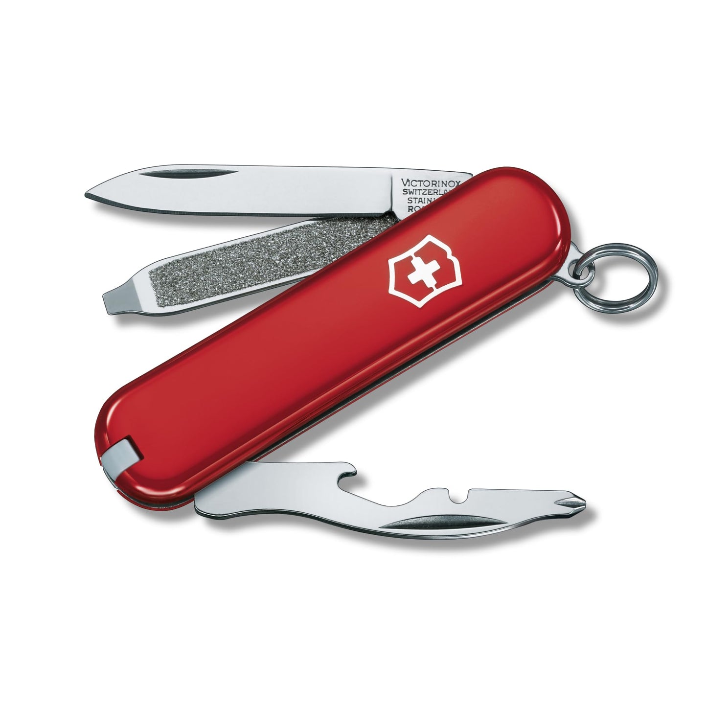 Victorinox Rally Swiss Army Knife, Compact, 9 Functions, Swiss Made Pocket Knife with Magnetic Phillips Screwdriver, Bottle Opener and Key Ring - Red
