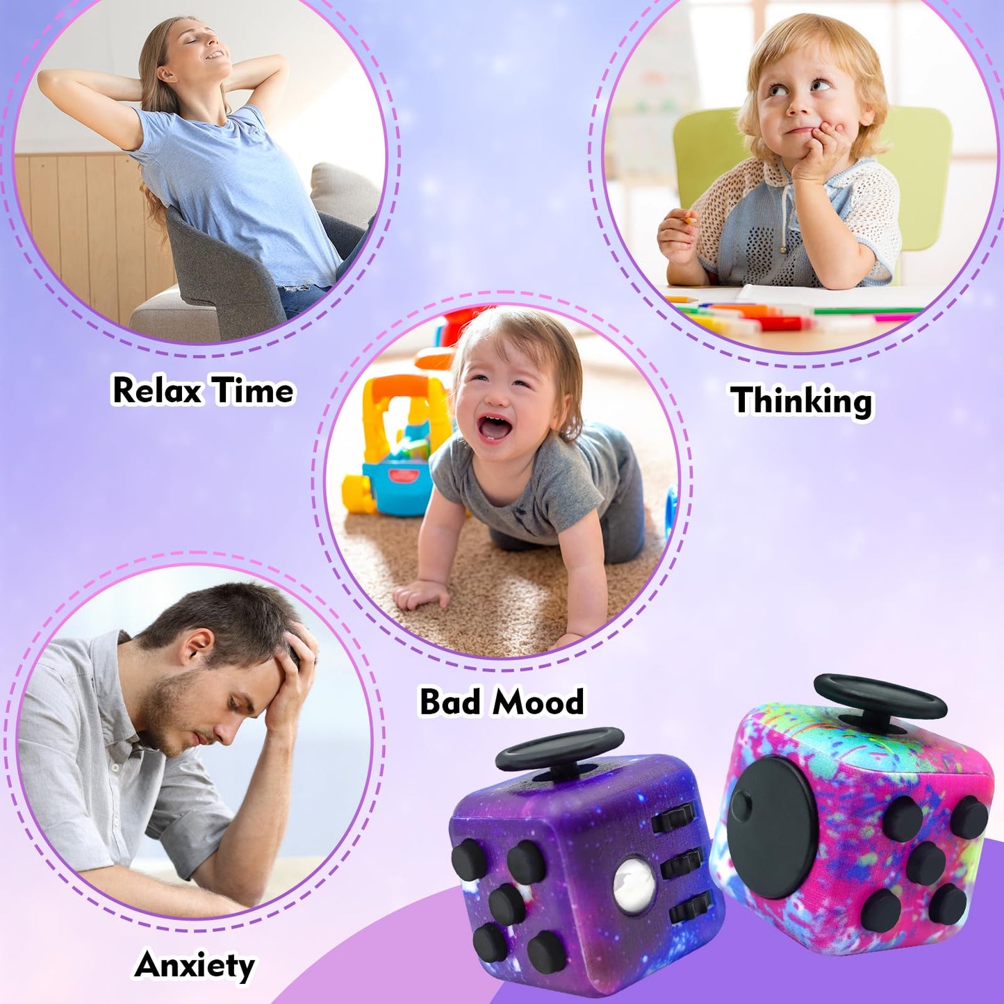 Lollyx Fidget Toy Cube, 4 Pack Cube Fidget Anxiety Relief Toys for Kids and Adults, 6 Sided Fidget Toys Cube Hand-Held for Adults, Audible/Silent Cube Toys Fidget for ADD/ADHD/OCD