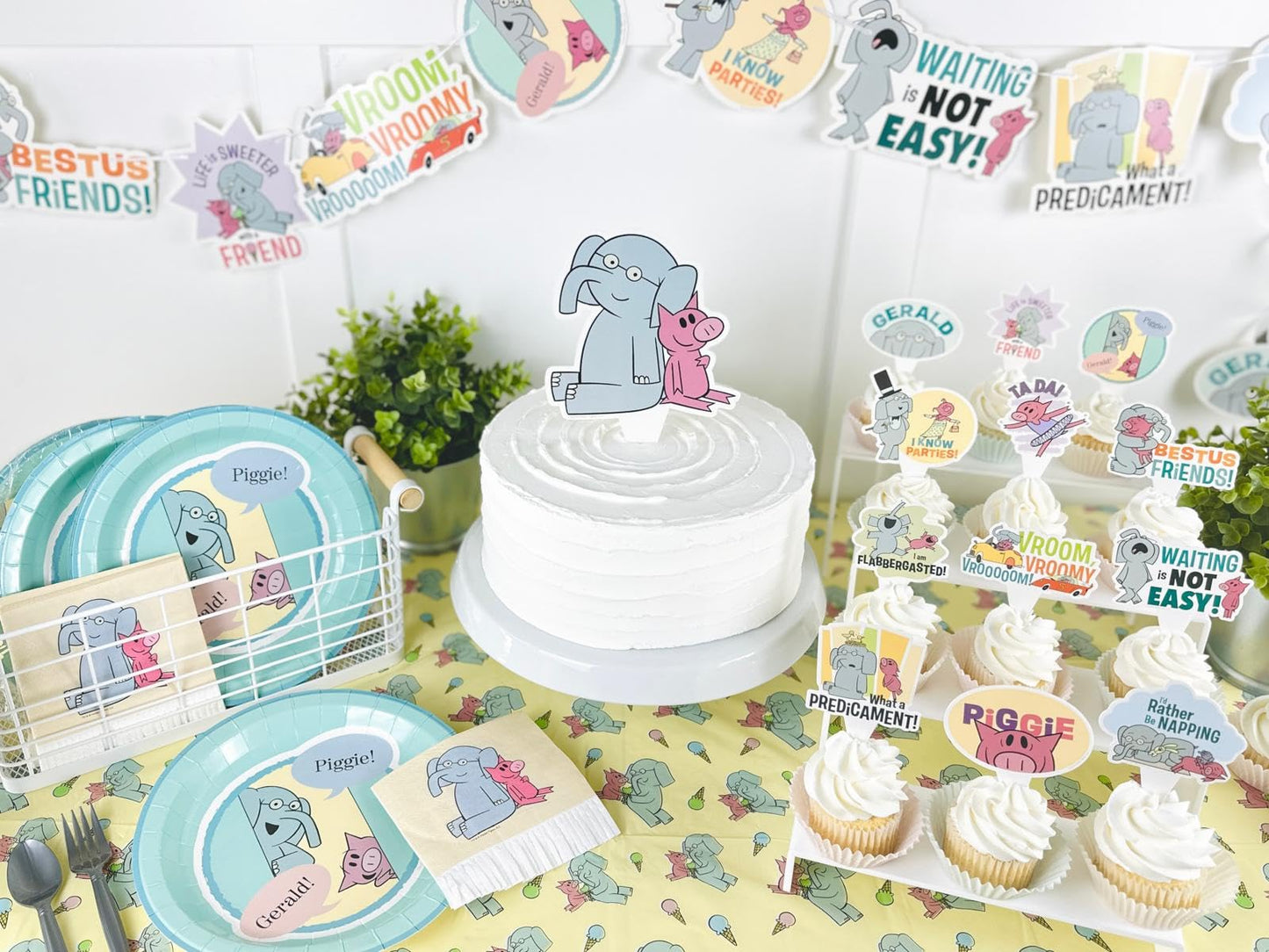 Elephant and Piggie Party Supplies Boy or Girl Birthday Party Decor with 8 Foot Banner, 24 Cupcake Toppers, Cake Topper, 4 Streamers with Gerald and Piggie Book Characters by Mo Willems (Party Set)