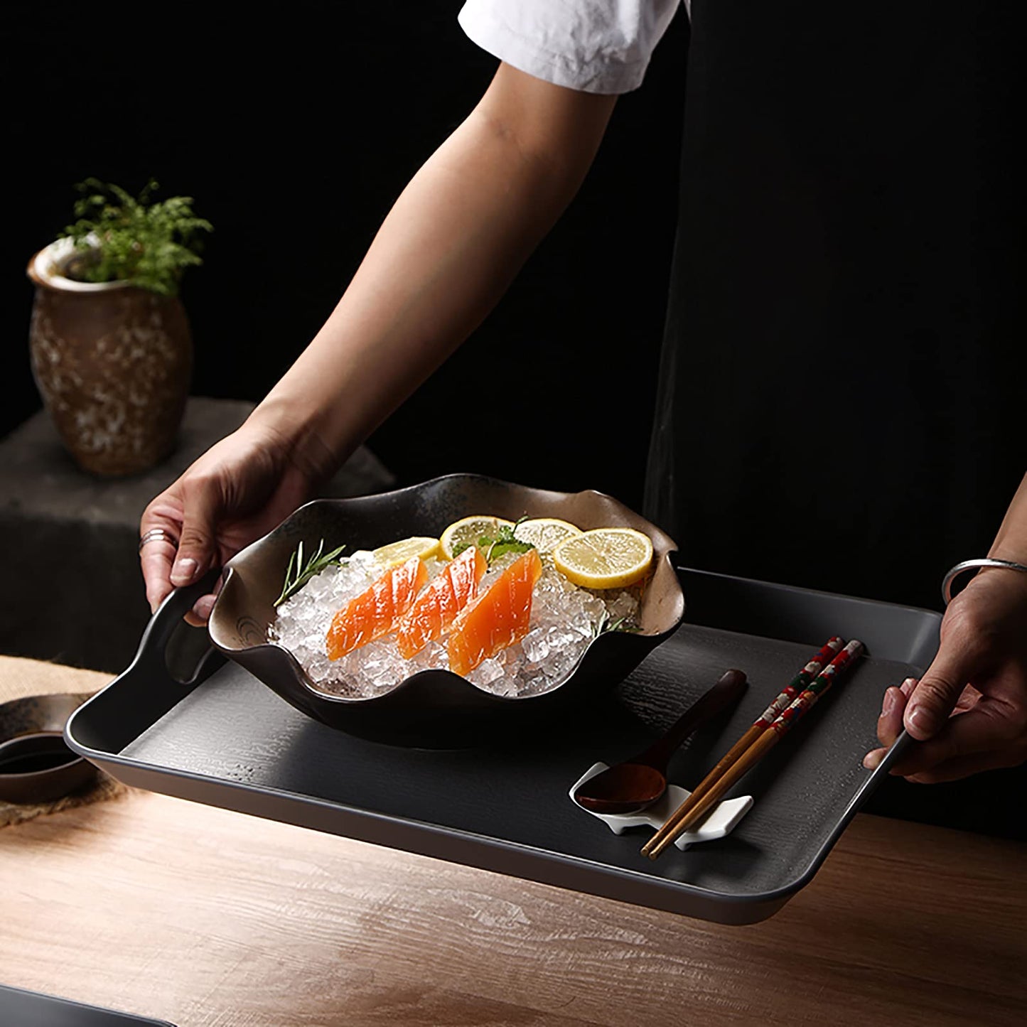 Cedilis 3 Pack Black Serving Trays with Handles,16 x 11IN Rectangular Non Skid Multi-Purpose Plastic OttomanTray for Restaurant, Parties, Coffee Table, Kitchen