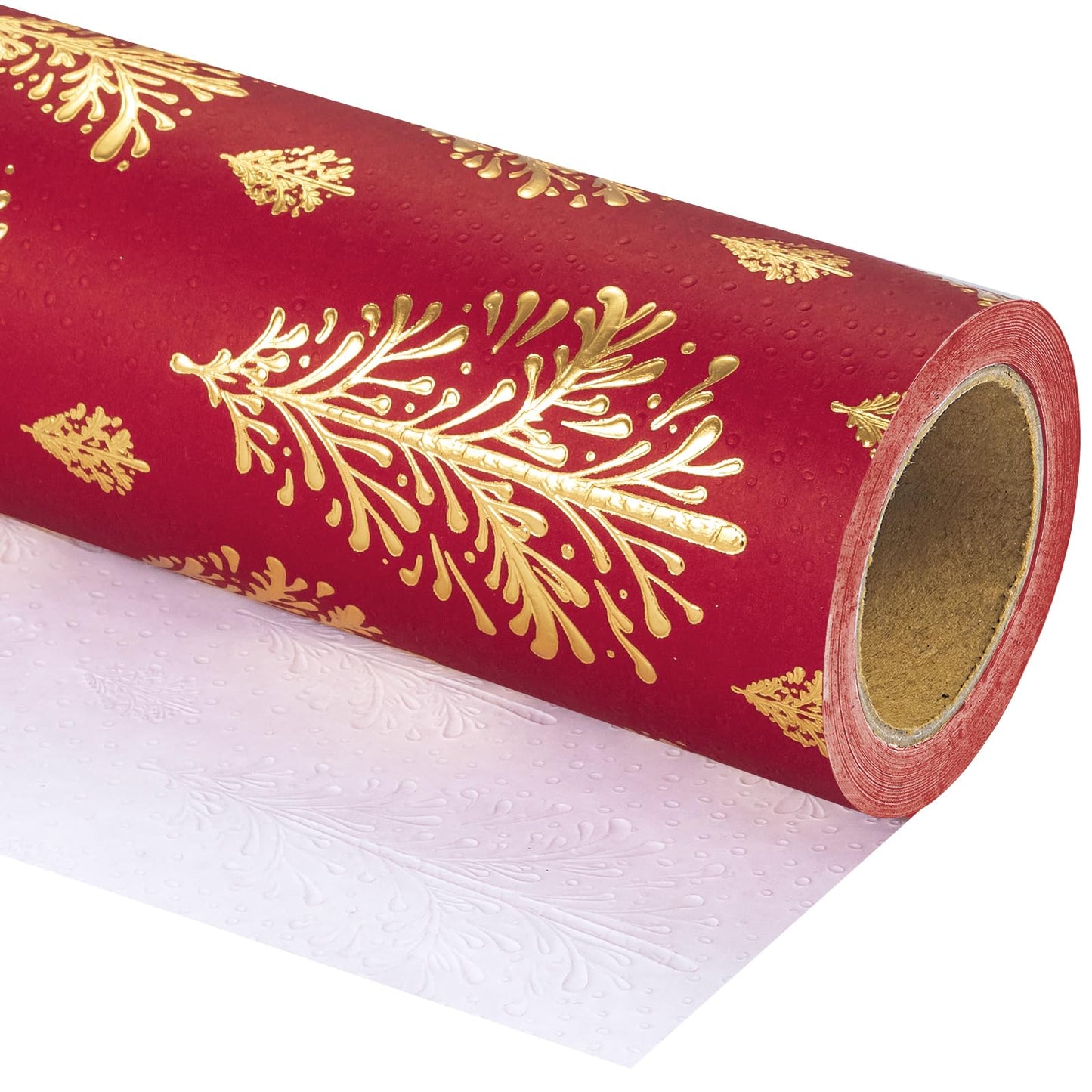 WRAPAHOLIC 30 Inch Jumbo 3D Kraft Christmas Wrapping Paper - 30 Inch x 16.5 Feet - Gold and Red Christmas Tree Wrapping Paper with Embossed Perfect for Holiday, Party Celebration