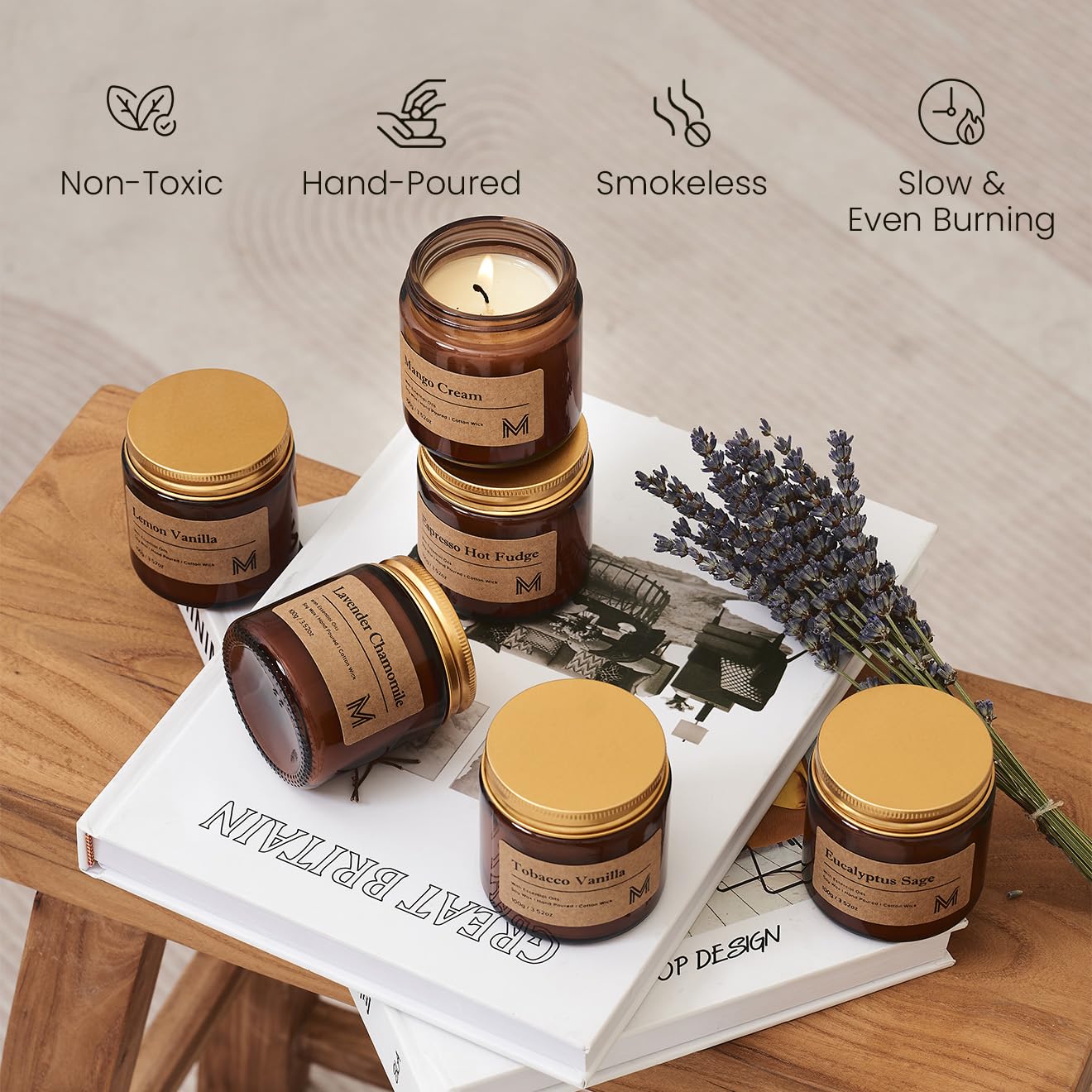 M&SENSE 6 Pack Candles Gift for Home Scented Aromatherapy Candle Set for Women Soy Wax Long Lasting Amber Jar Candles Gift for Birthday Housewarming Mother's Valentine Day