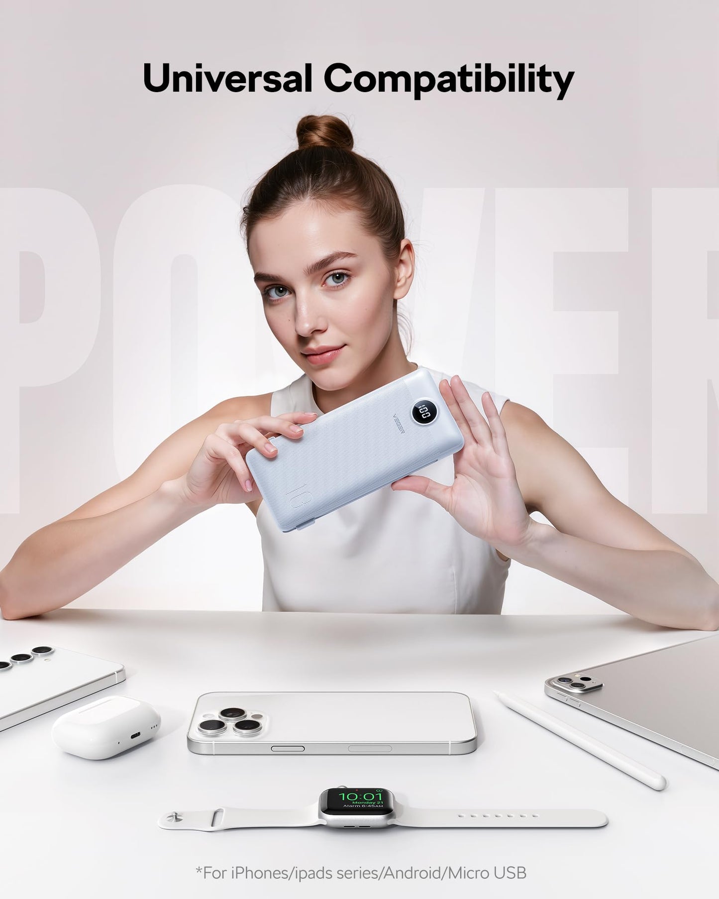 VEGER AC Wall Plug Portable Charger, 10000mah Slim Portable Charger Built in Cables, USB C Power Bank 15W Fast Charging, Travel Essential Battery Pack Compatible with iPhone, Android and More(White)