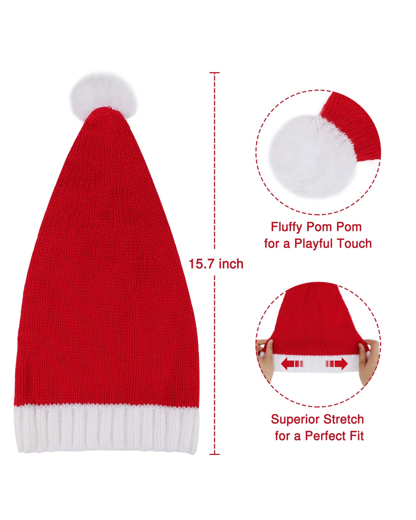 Aiphamy 5 Pcs Knitted Santa Hat Christmas Beanie Hat with Pom Pom Xmas Holiday Party Stocking Cap for Adults, Red